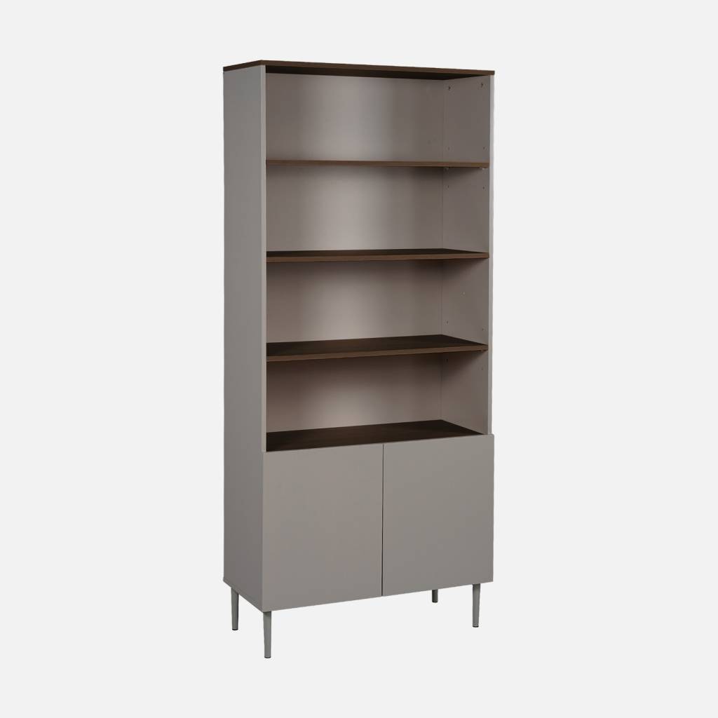 Etagère, bibliothèque métal et décor bois gris et noyer