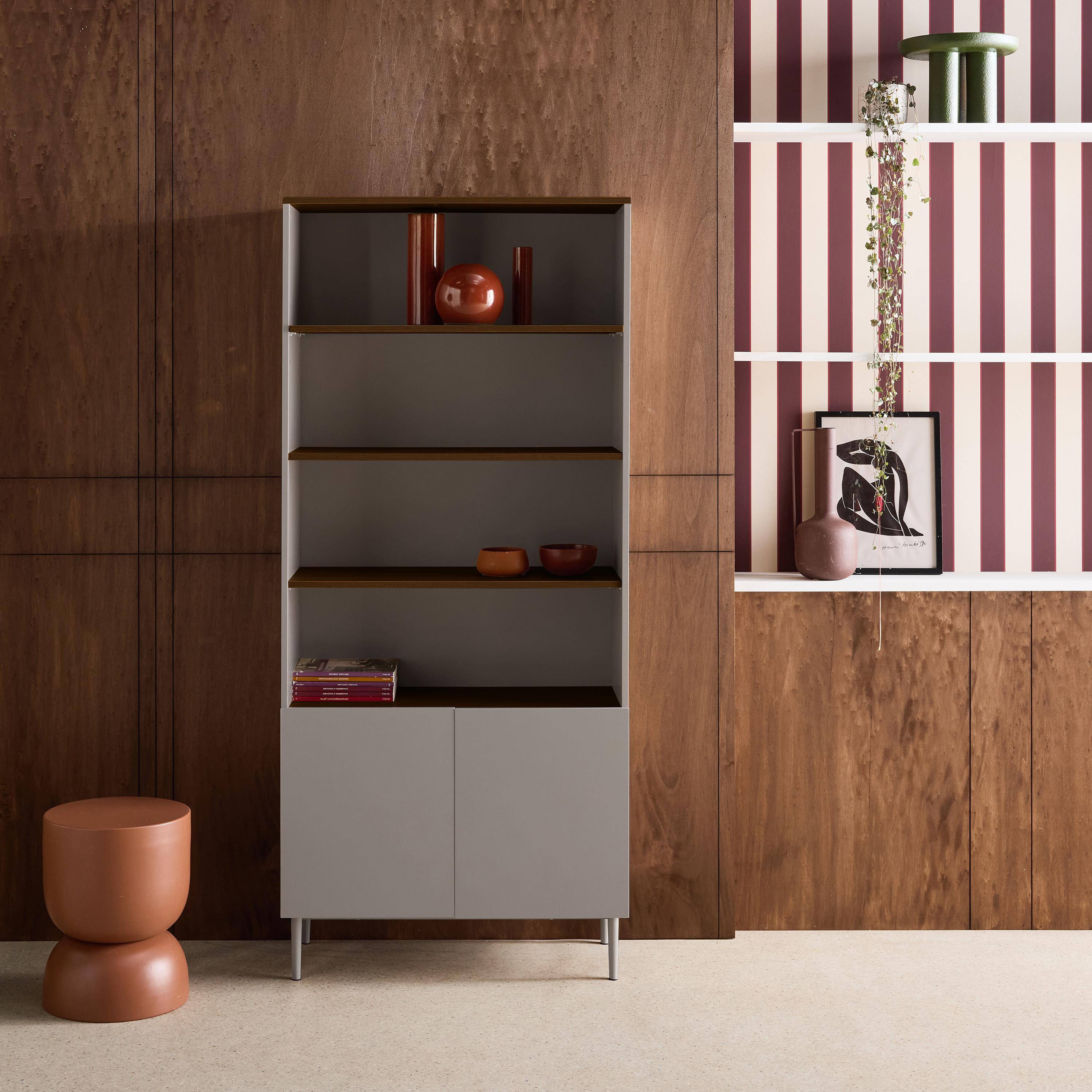 Shelving unit bookcase metal and wood decor 6 levels grey and walnut - Ashton Photo1