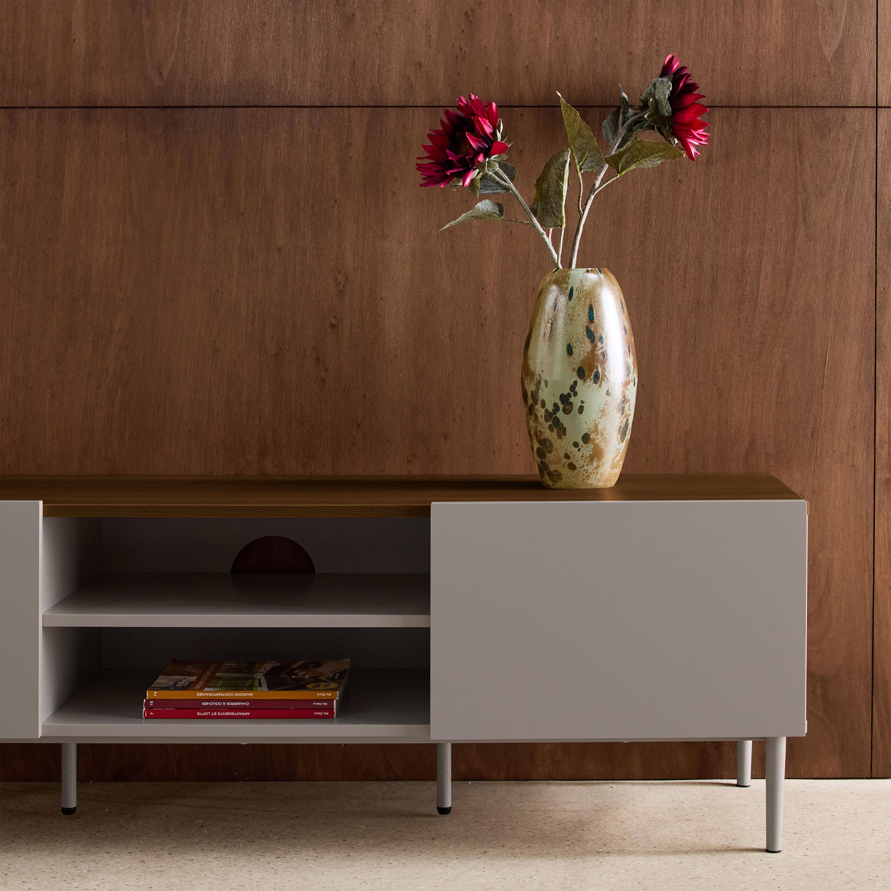 TV stand metal with wood decor 2 doors 140 cm grey and walnut - Ashton Photo3