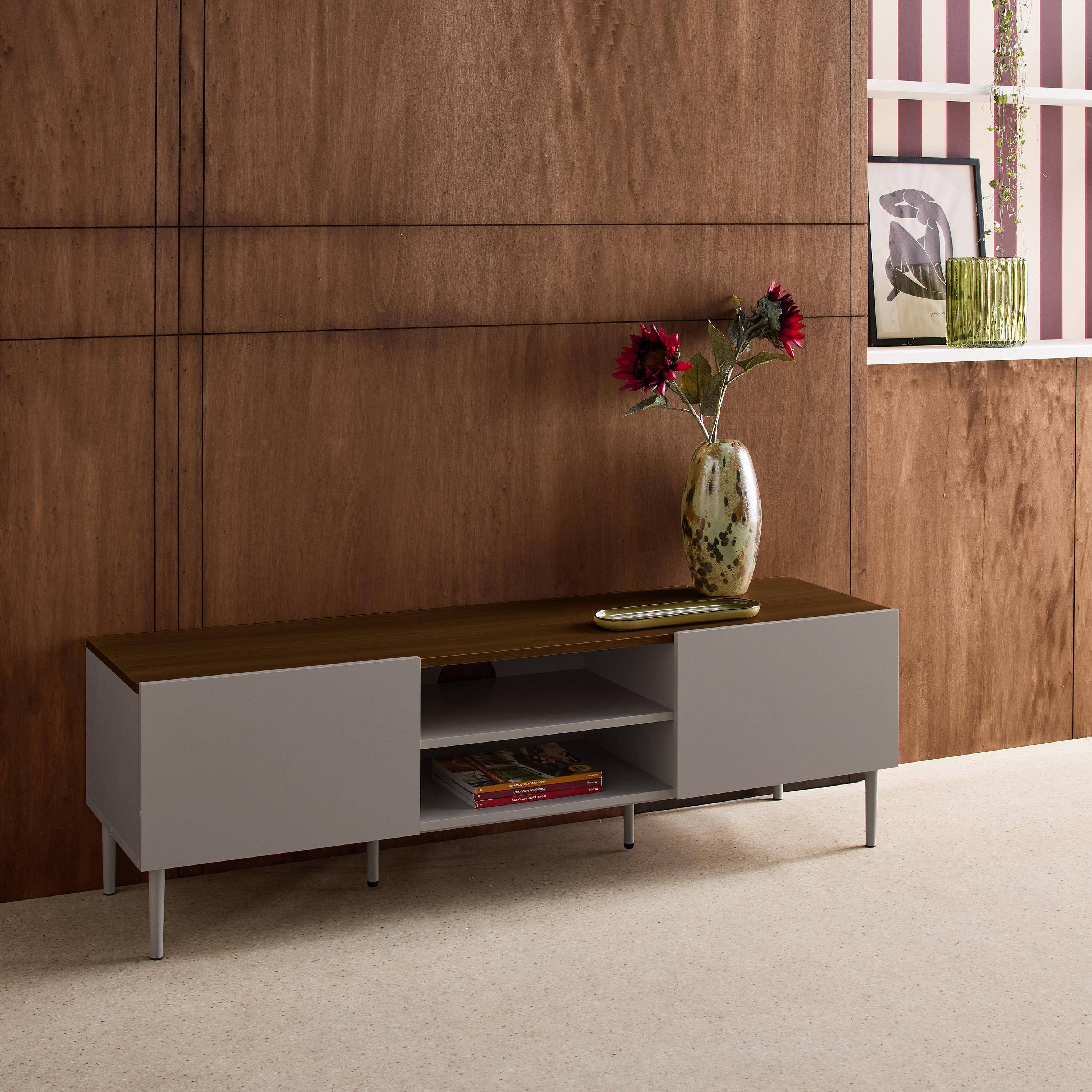 TV stand metal with wood decor 2 doors 140 cm grey and walnut - Ashton,sweeek,Photo2