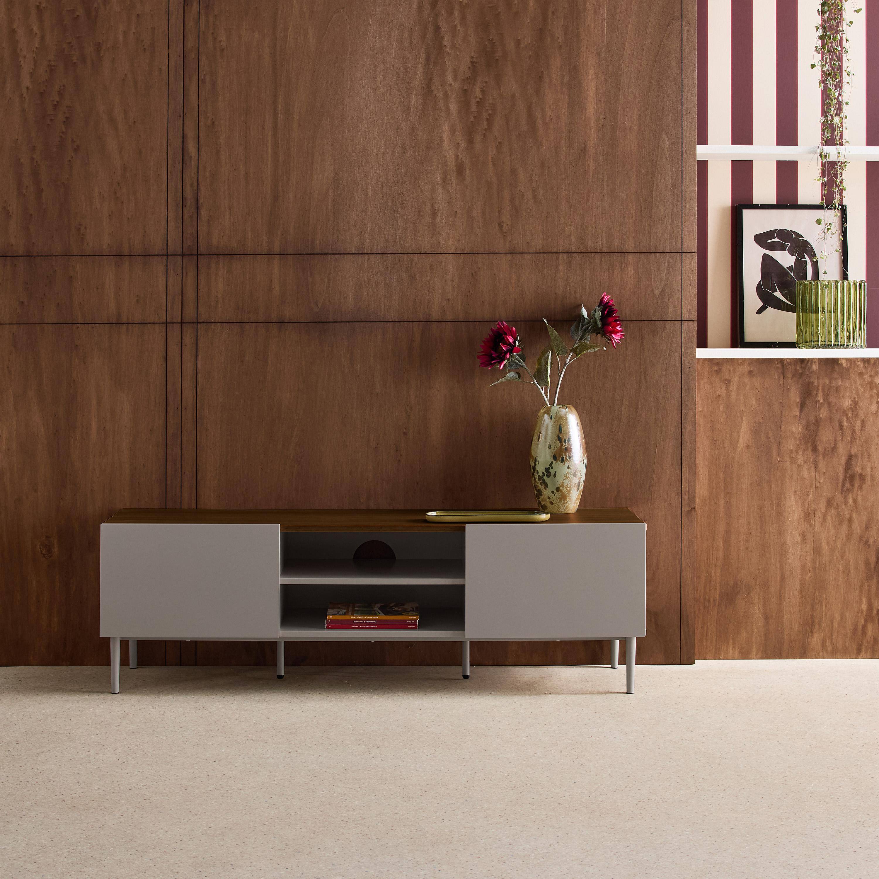 TV stand metal with wood decor 2 doors 140 cm grey and walnut - Ashton,sweeek,Photo1