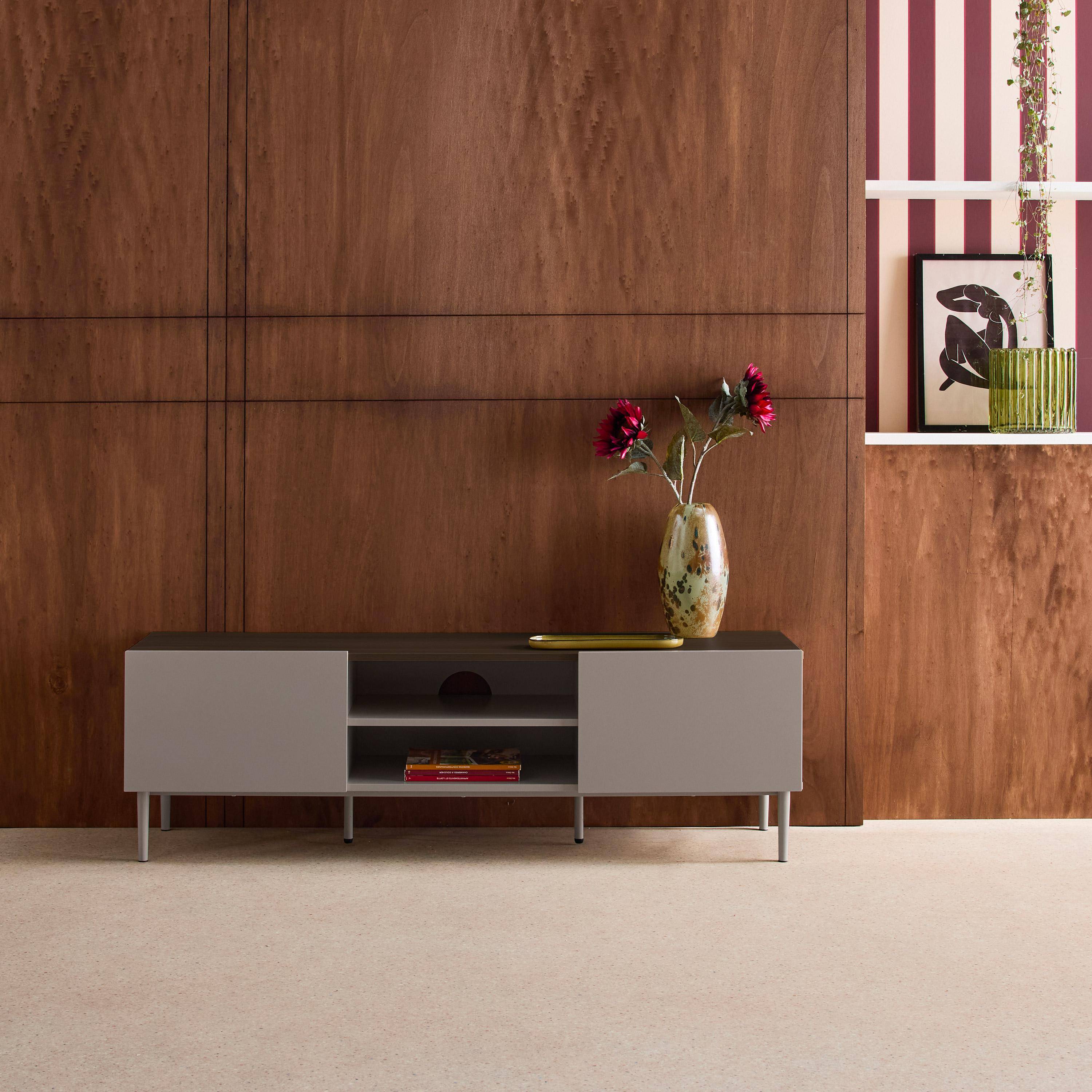 Szafka RTV metalowa i w kolorze drewna, 2 drzwi, 140 cm szara i orzechowa - Ashton Photo1