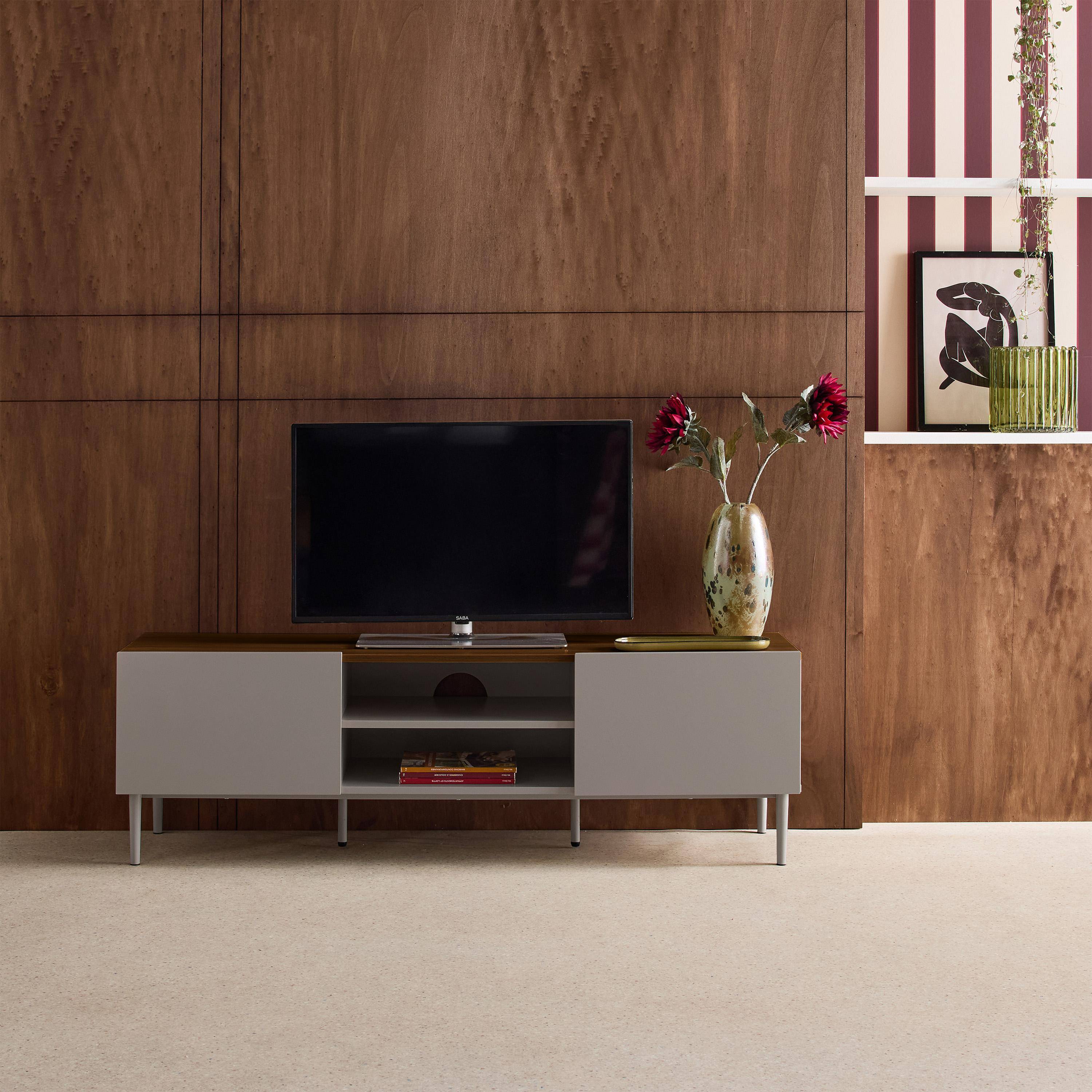 TV stand metal with wood decor 2 doors 140 cm grey and walnut - Ashton Photo4