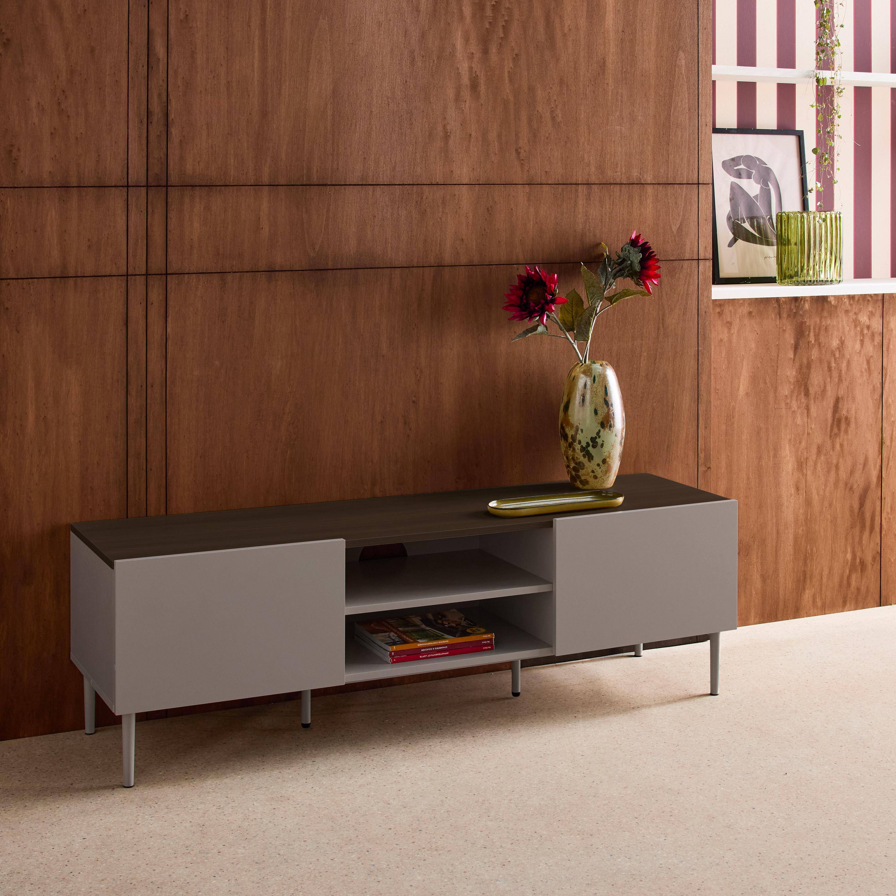 Szafka RTV metalowa i w kolorze drewna, 2 drzwi, 140 cm szara i orzechowa - Ashton Photo2