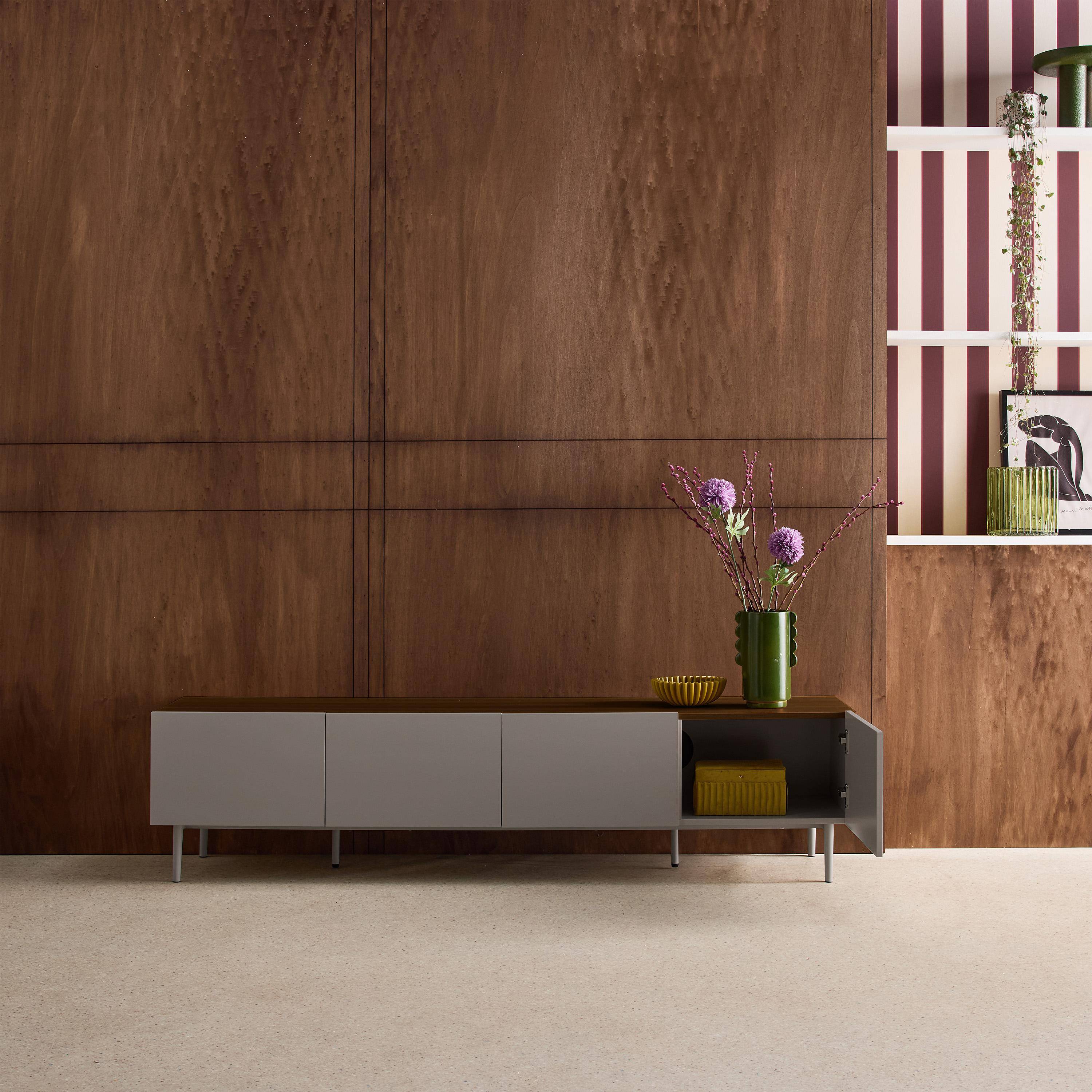 TV stand metal with wood decor 4 doors 180 cm grey and walnut - Ashton Photo2