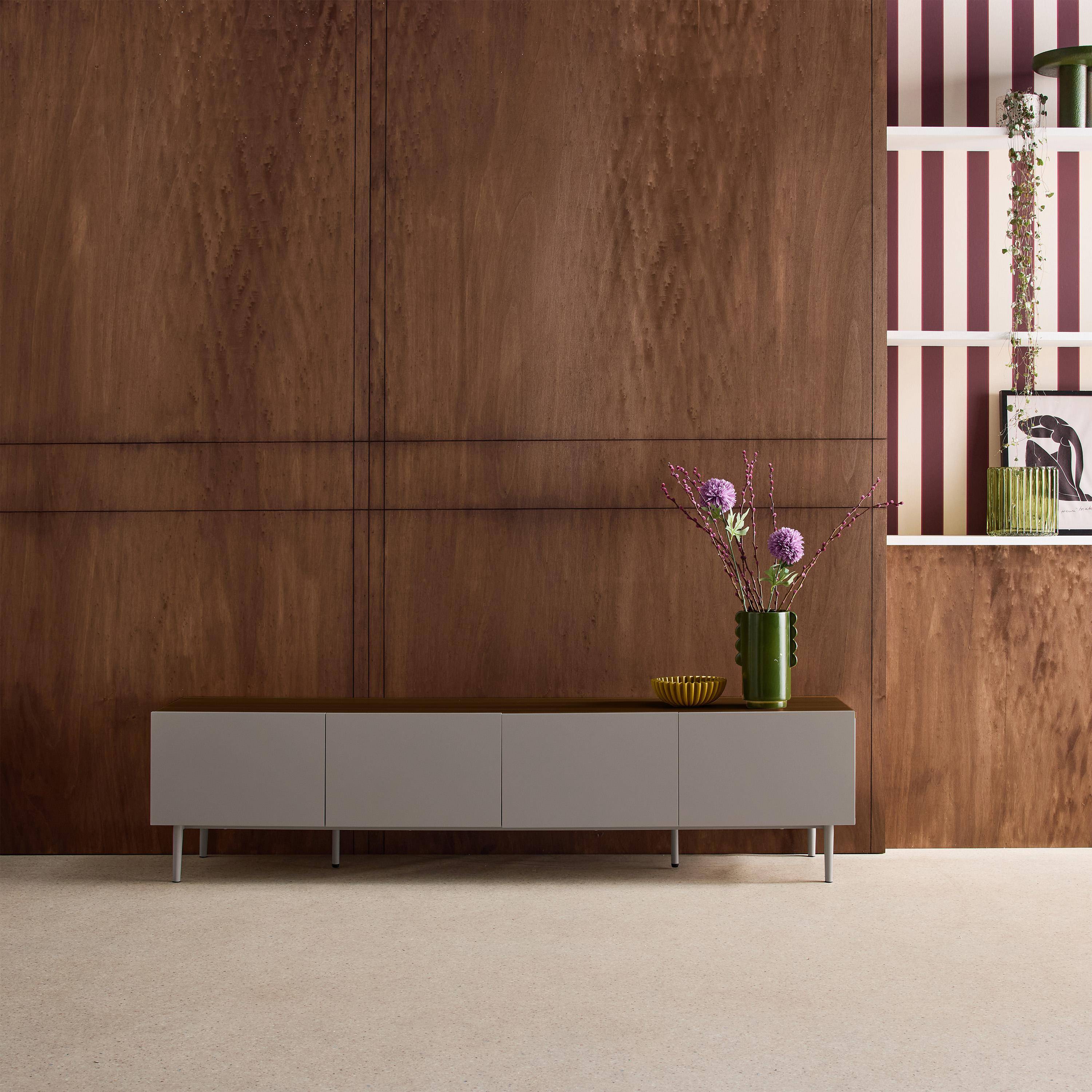 TV stand metal with wood decor 4 doors 180 cm grey and walnut - Ashton Photo1