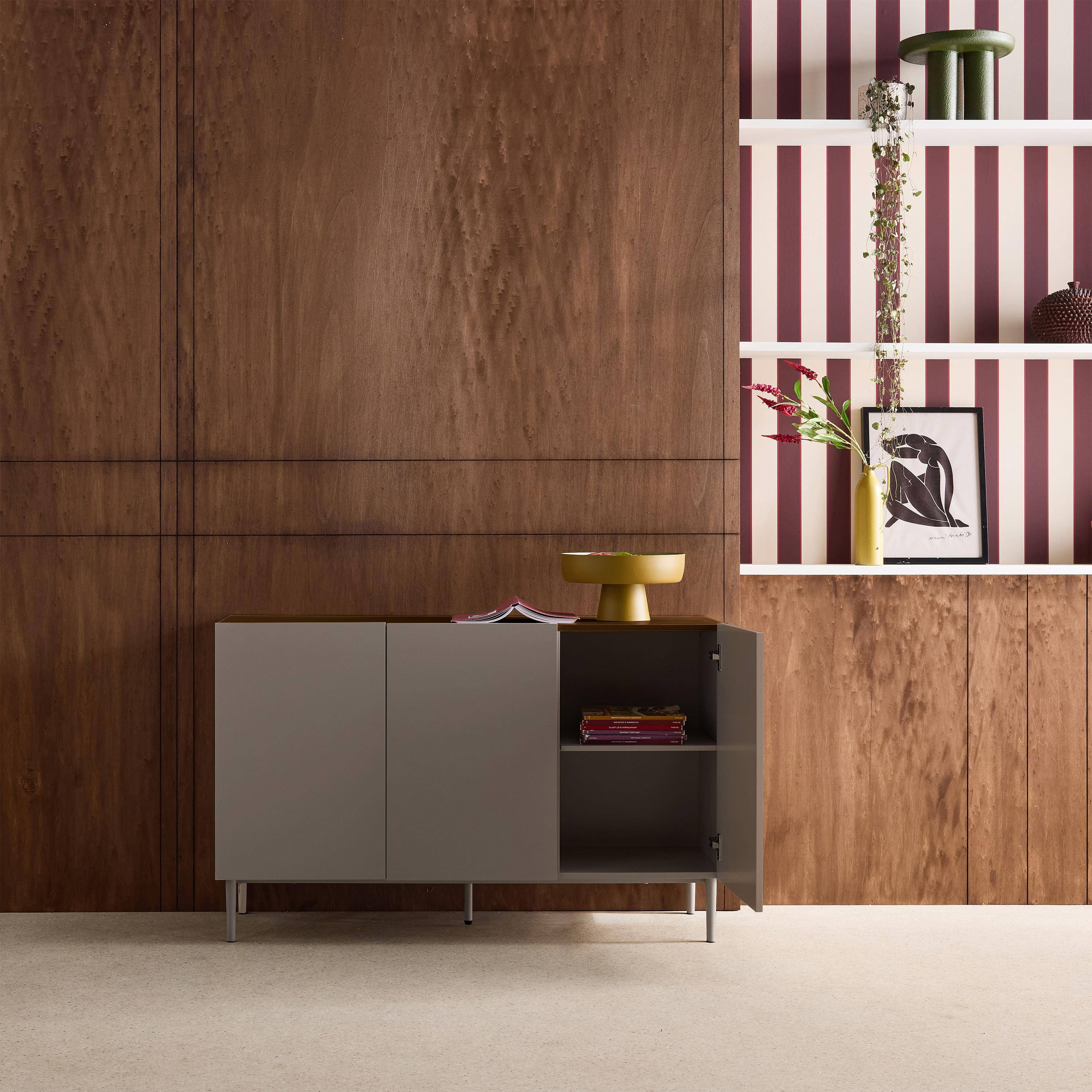Sideboard metal and wood decor 3 doors 120 cm grey and walnut - Ashton Photo3