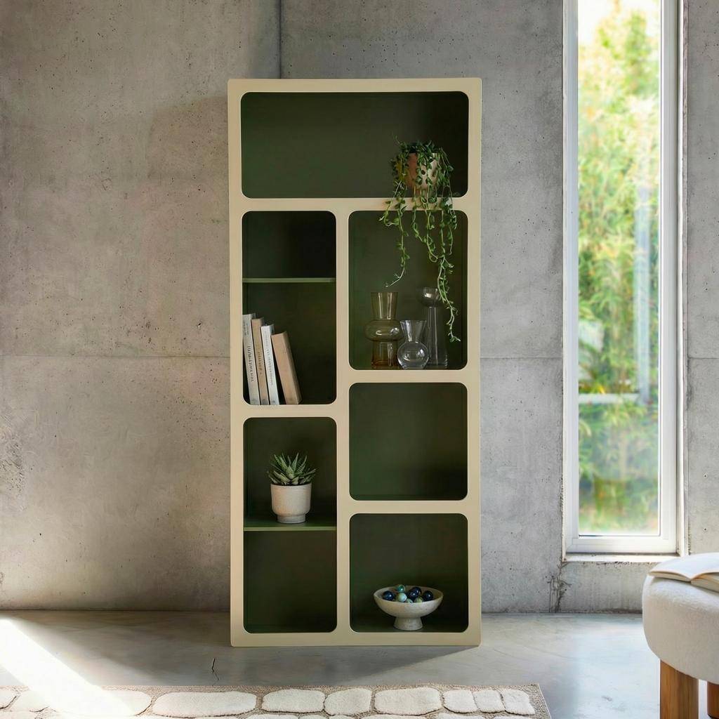Organic bookshelf with wood decor 8 compartments khaki green - Agatha Photo1
