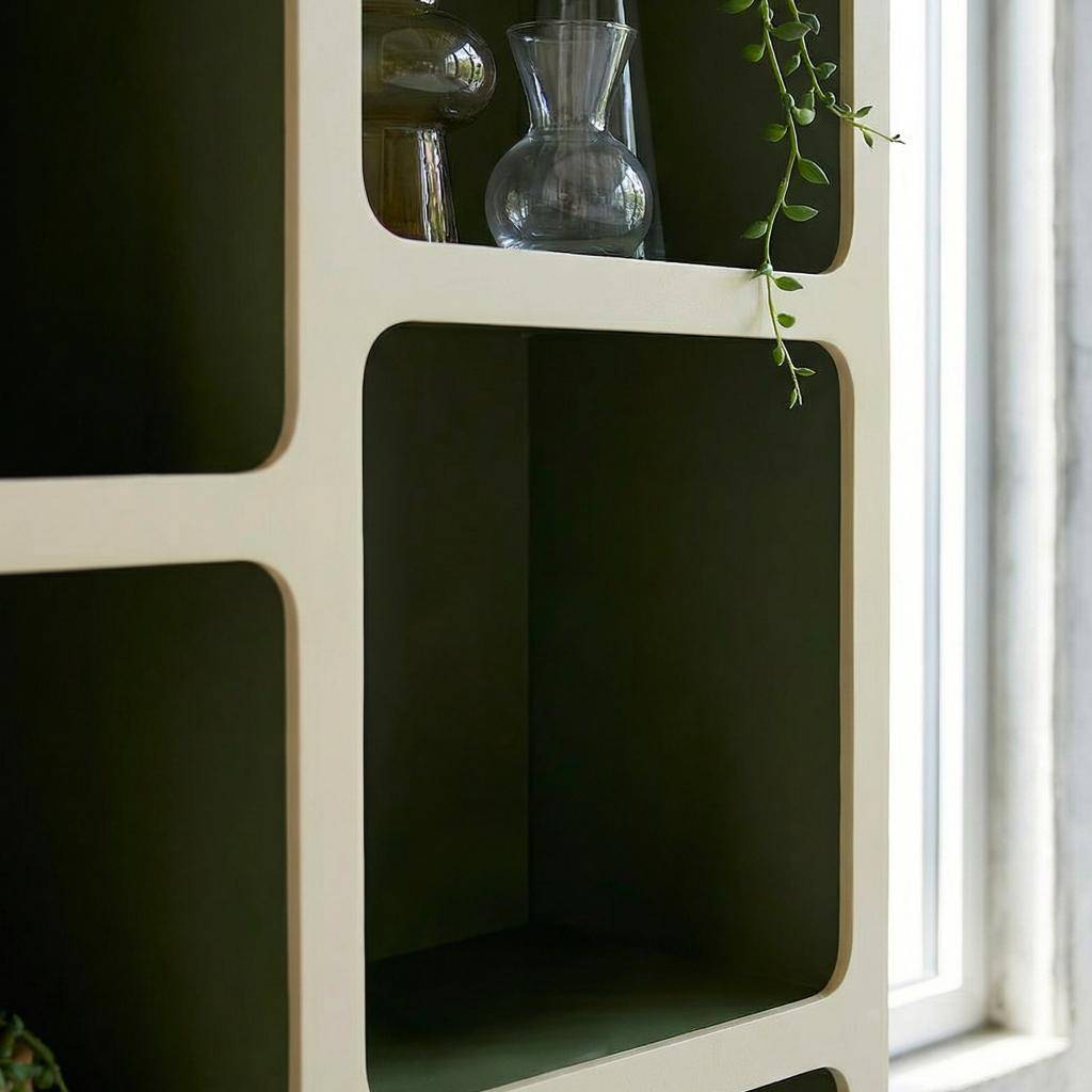 Organic bookshelf with wood decor 8 compartments khaki green - Agatha Photo2