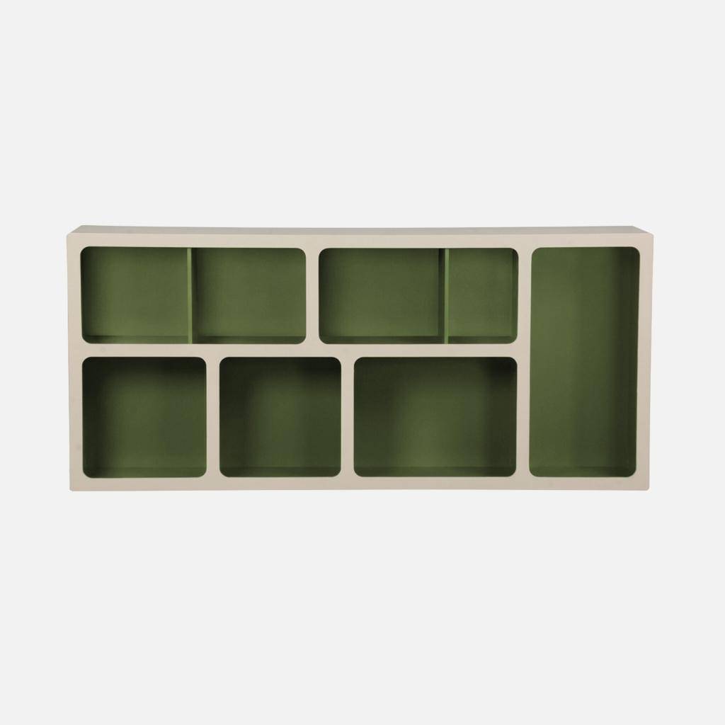 Organic bookshelf with wood decor 8 compartments khaki green - Agatha Photo5