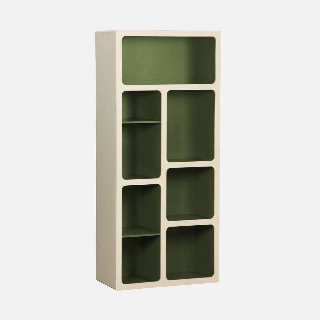 Organic bookshelf with wood decor 8 compartments khaki green - Agatha Photo3