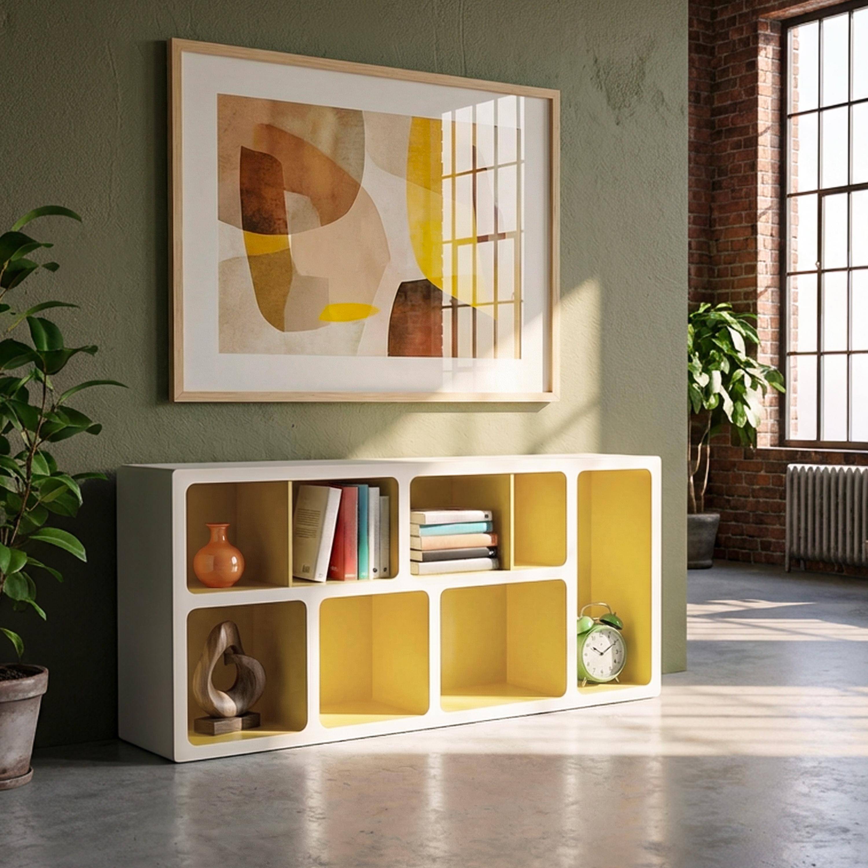 Estantería biblioteca orgánica decoración madera bicolor 8 compartimentos Amarillo - 80x40x180 cm,sweeek,Photo1