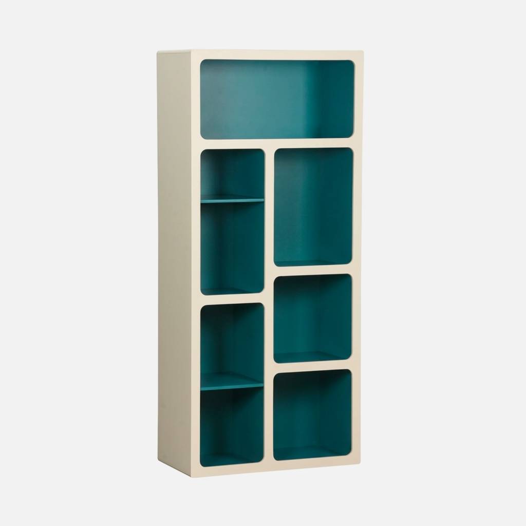 Etagère bibliothèque organique décor bois 8 compartiments bleu - Agatha