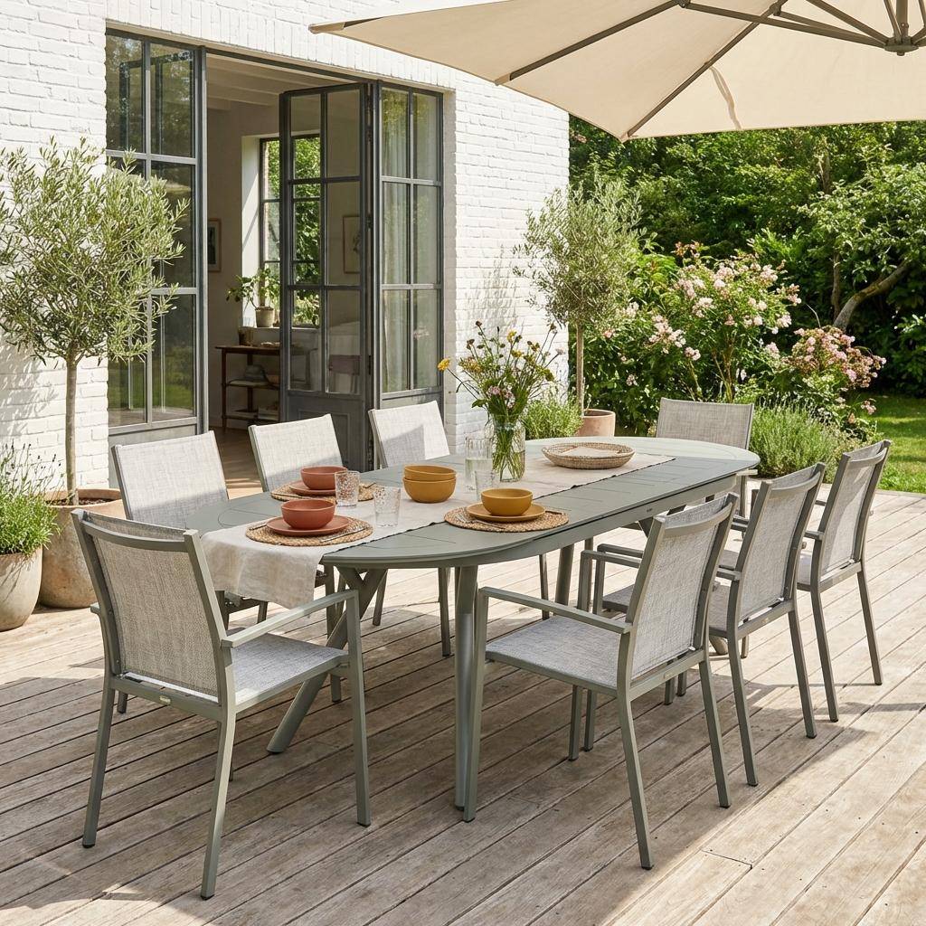 Uitschuifbare ovale aluminium tuintafel voor 10 personen kaki - Metora Photo1