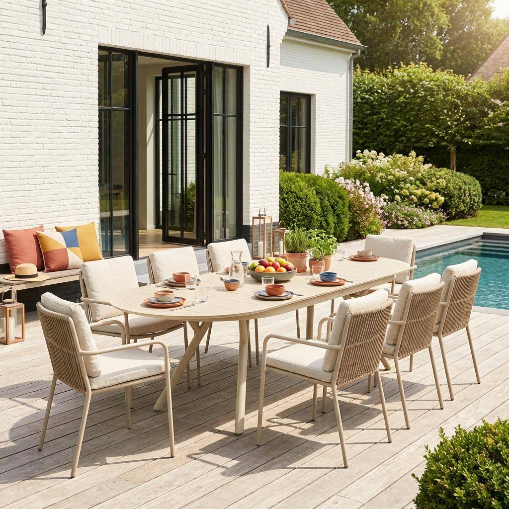 Uitschuifbare ovale aluminium tuintafel voor 10 personen beige - Metora Photo1