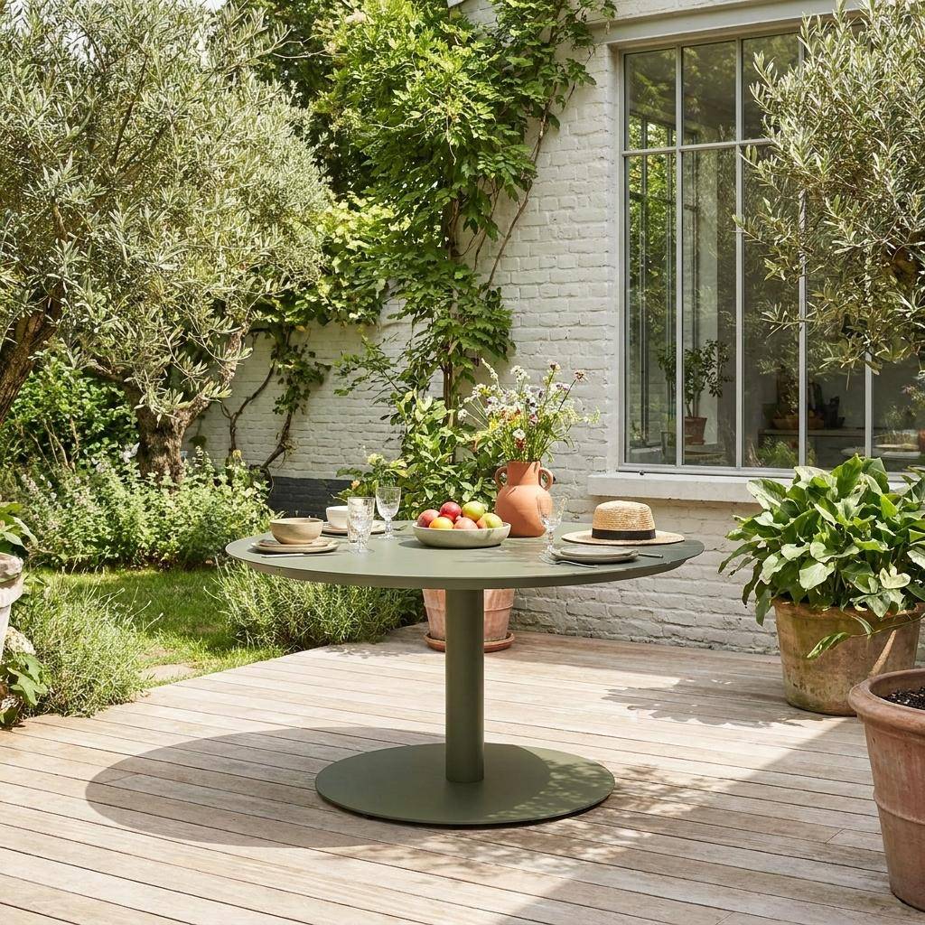 Runder Gartentisch aus Aluminium für 6 Personen khaki