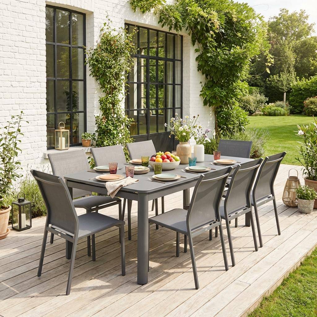 Ausziehbarer Gartentisch + 8 Stühle aus Aluminium anthrazit