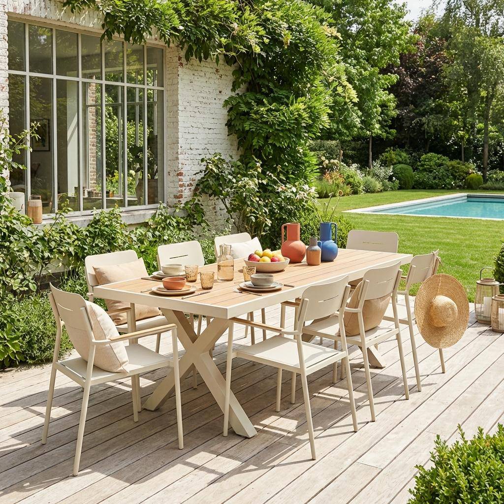 Tuintafel met 8 stoelen aluminium, tafel met kruisvormige poten beige - Elina en Fira,sweeek,Photo1