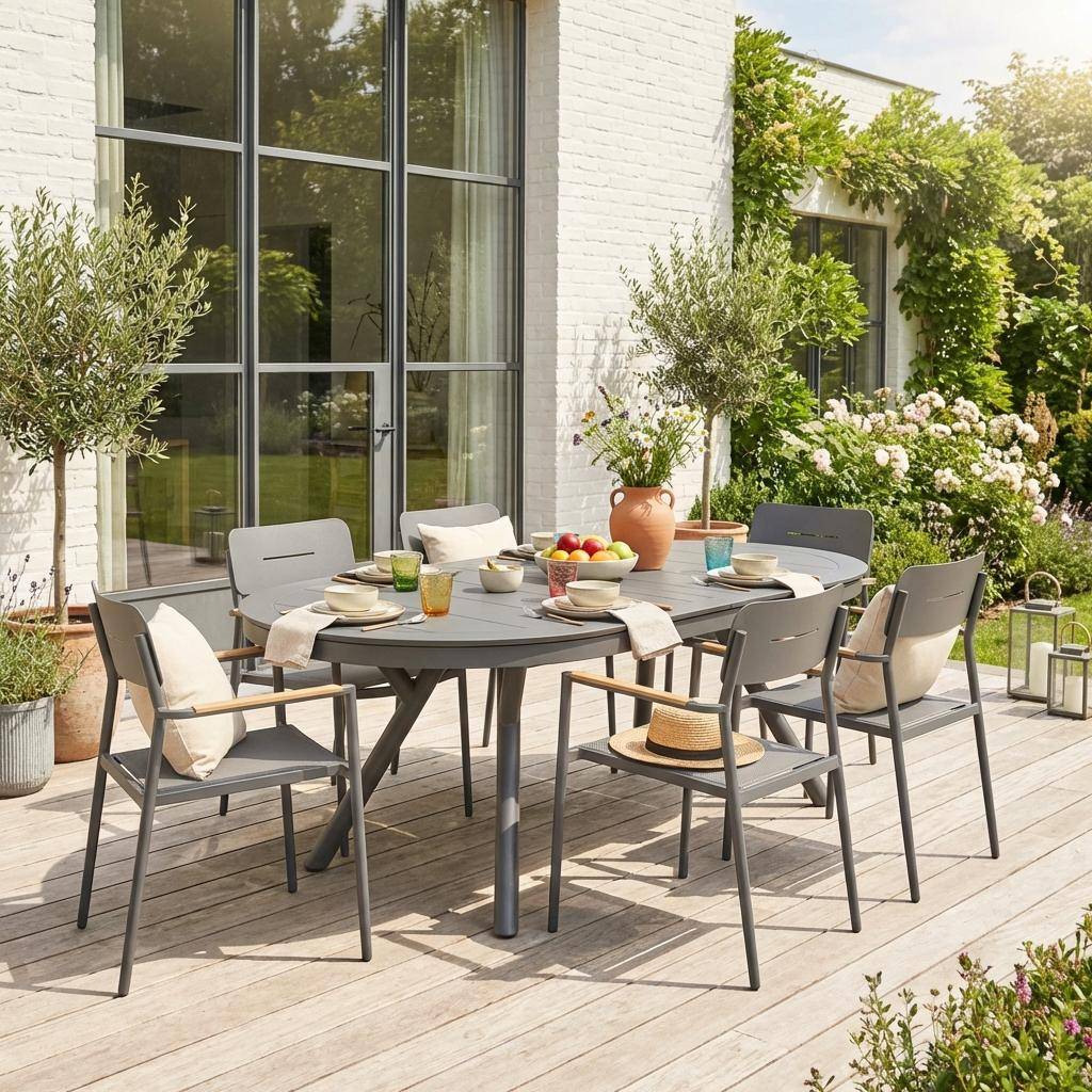 Uitschuifbare ovale tuintafel aluminium met 6 tuinstoelen antraciet - Metora en Fira Photo1