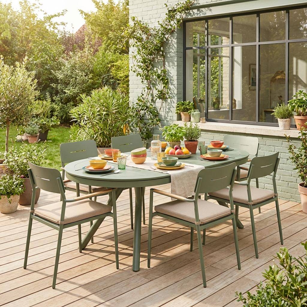 Uitschuifbare ovale tuintafel aluminium met 6 tuinstoelen kaki - Metora en Fira,sweeek,Photo1