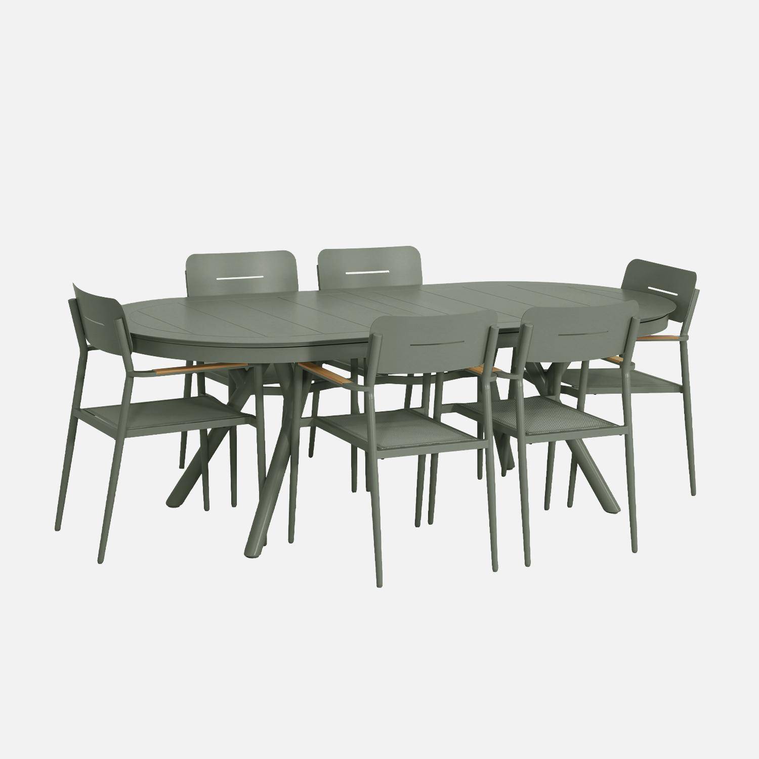 Uitschuifbare ovale tuintafel aluminium met 6 tuinstoelen kaki - Metora en Fira,sweeek,Photo2