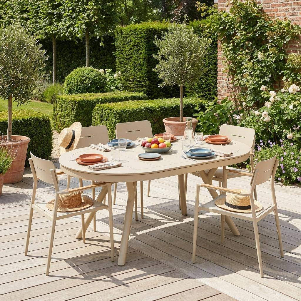 Ausziehbarer ovaler Gartentisch + 6 Sessel beige