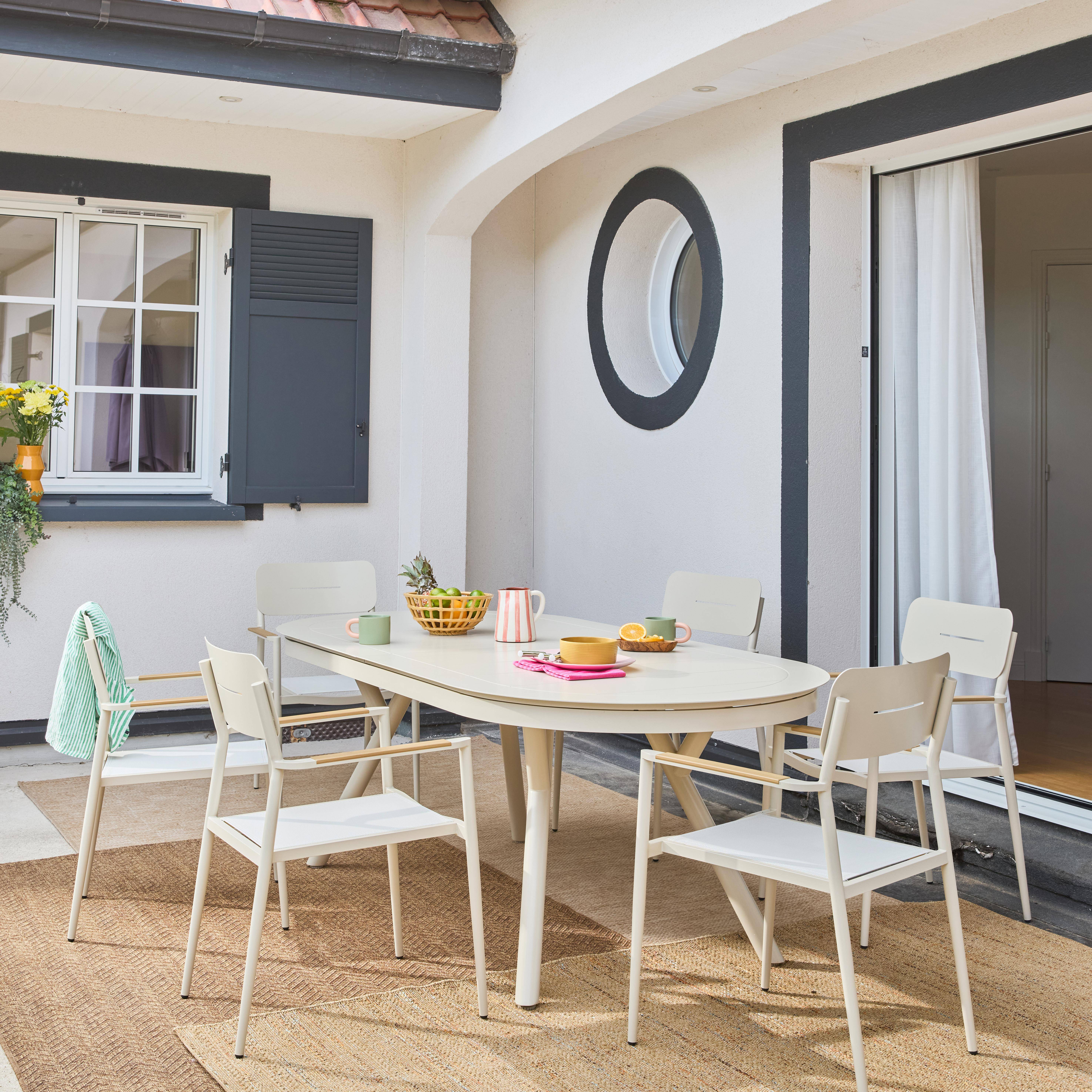 Uitschuifbare ovale tuintafel aluminium met 6 tuinstoelen beige - Metora en Fira,sweeek,Photo4