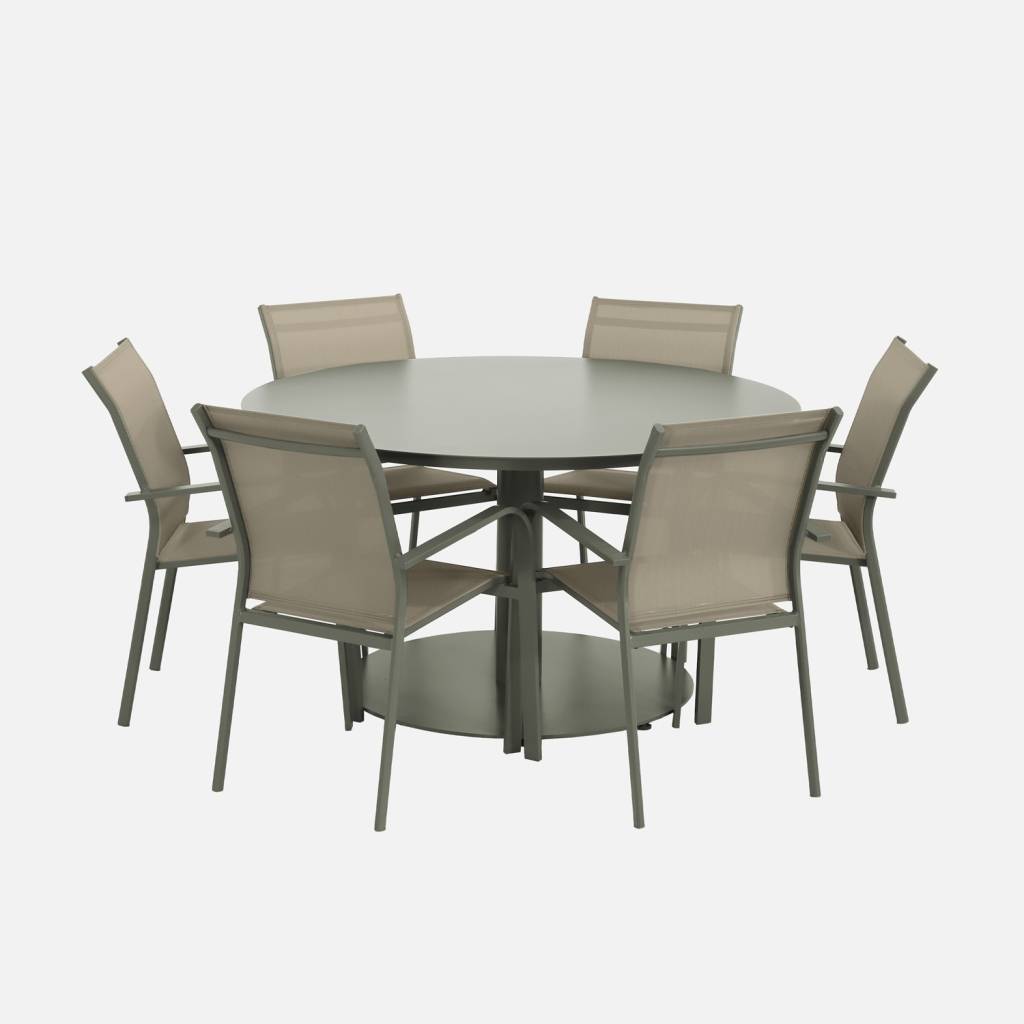 Table de jardin ronde aluminium + 6 assises kaki
