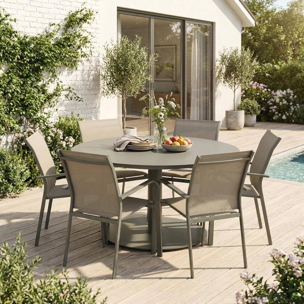 Ronde aluminium tuintafel en 6 tuinstoelen kaki - Oreva en Buffalo,sweeek,Photo2