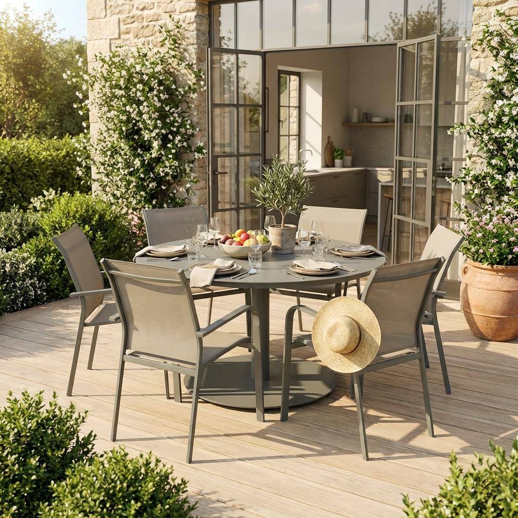 Ronde aluminium tuintafel en 6 tuinstoelen kaki - Oreva en Buffalo Photo1