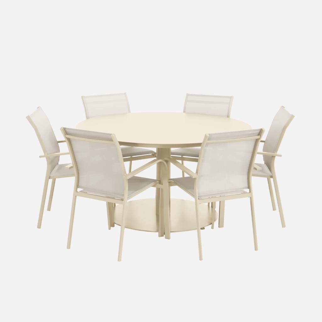 Table de jardin ronde aluminium + 6 assises beige