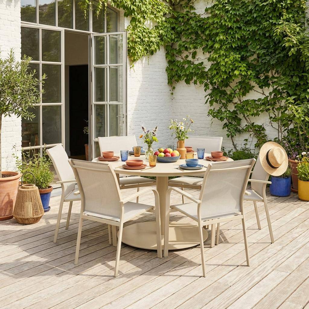 Ronde aluminium tuintafel en 6 tuinstoelen beige - Oreva en Buffalo Photo1