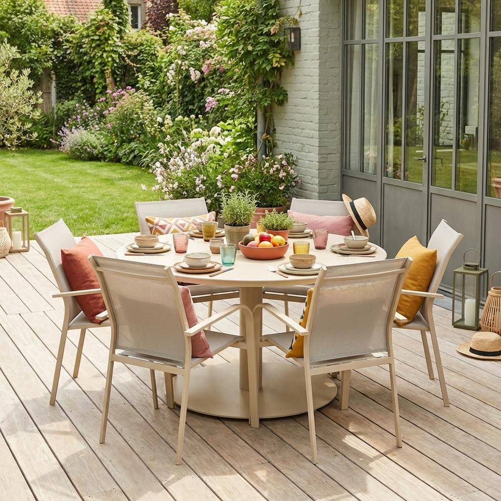 Ronde aluminium tuintafel en 6 tuinstoelen beige - Oreva en Buffalo,sweeek,Photo2