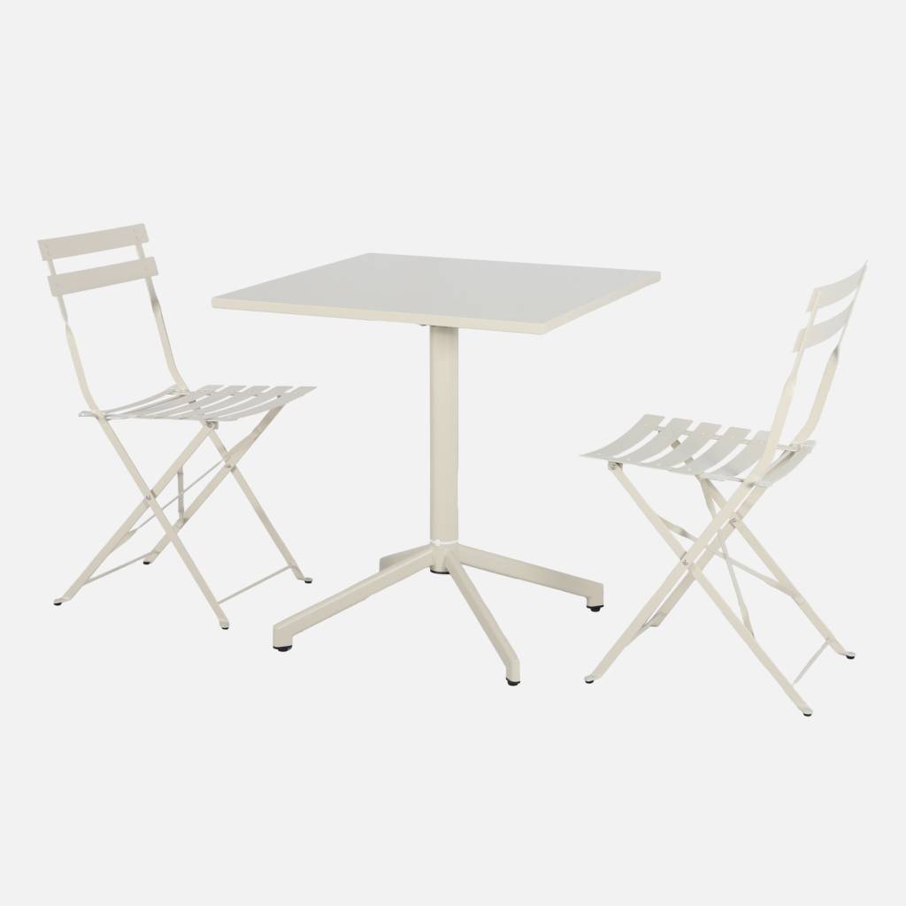 Klappbarer quadratischer Bistro-Gartentisch aus Stahl 70 cm + 2 Stühle beige