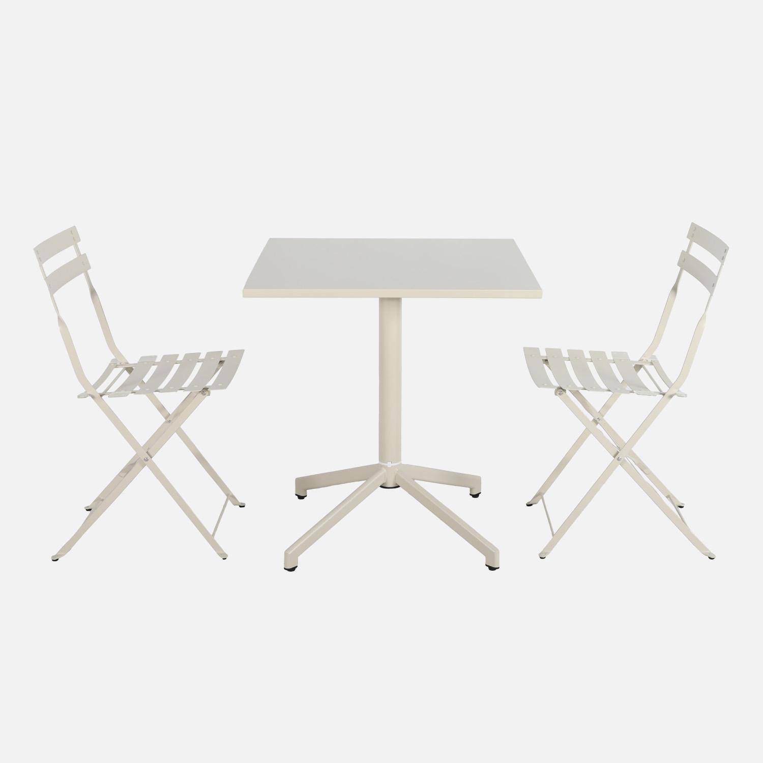 Klappbarer quadratischer Bistro-Gartentisch aus Stahl 70 cm + 2 Stühle beige - Chiara/Emilia Photo2