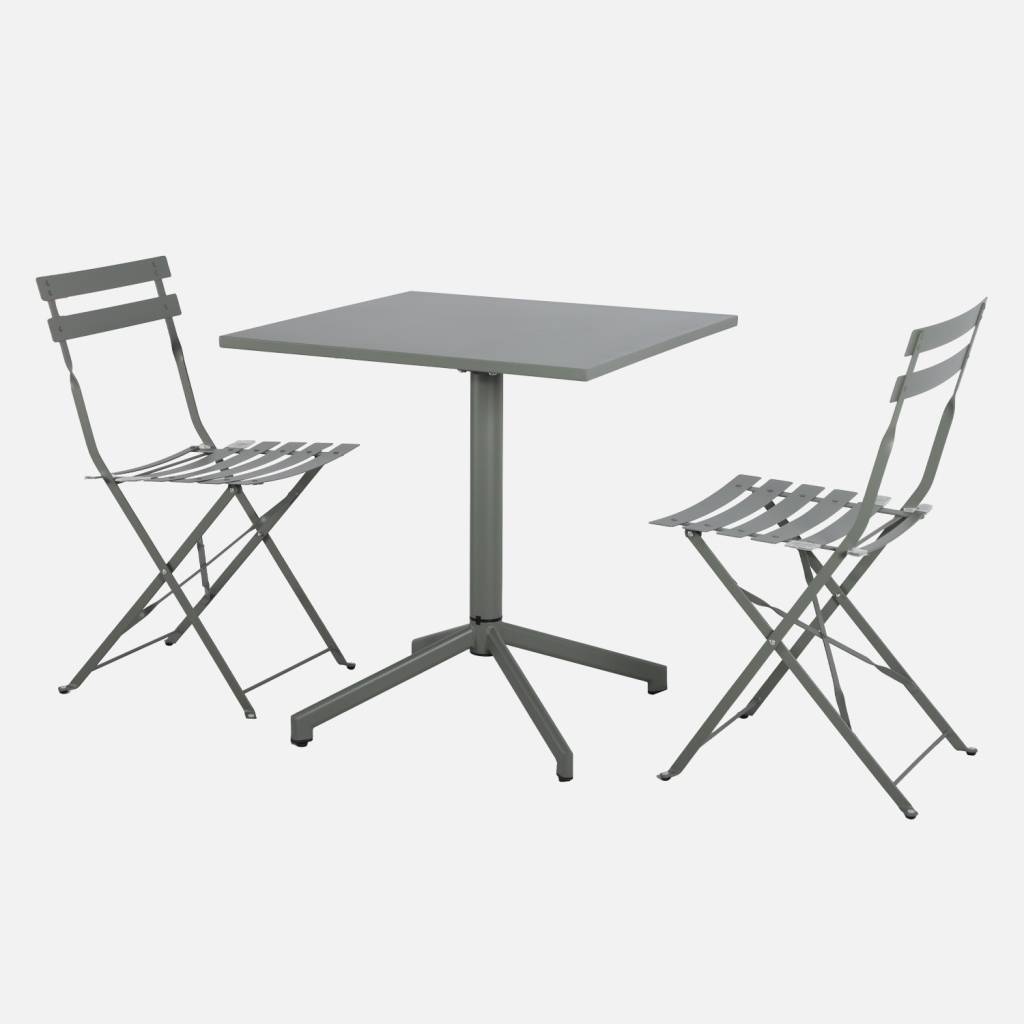 Klappbarer quadratischer Bistro-Gartentisch aus Stahl 70 cm + 2 Stühle khaki