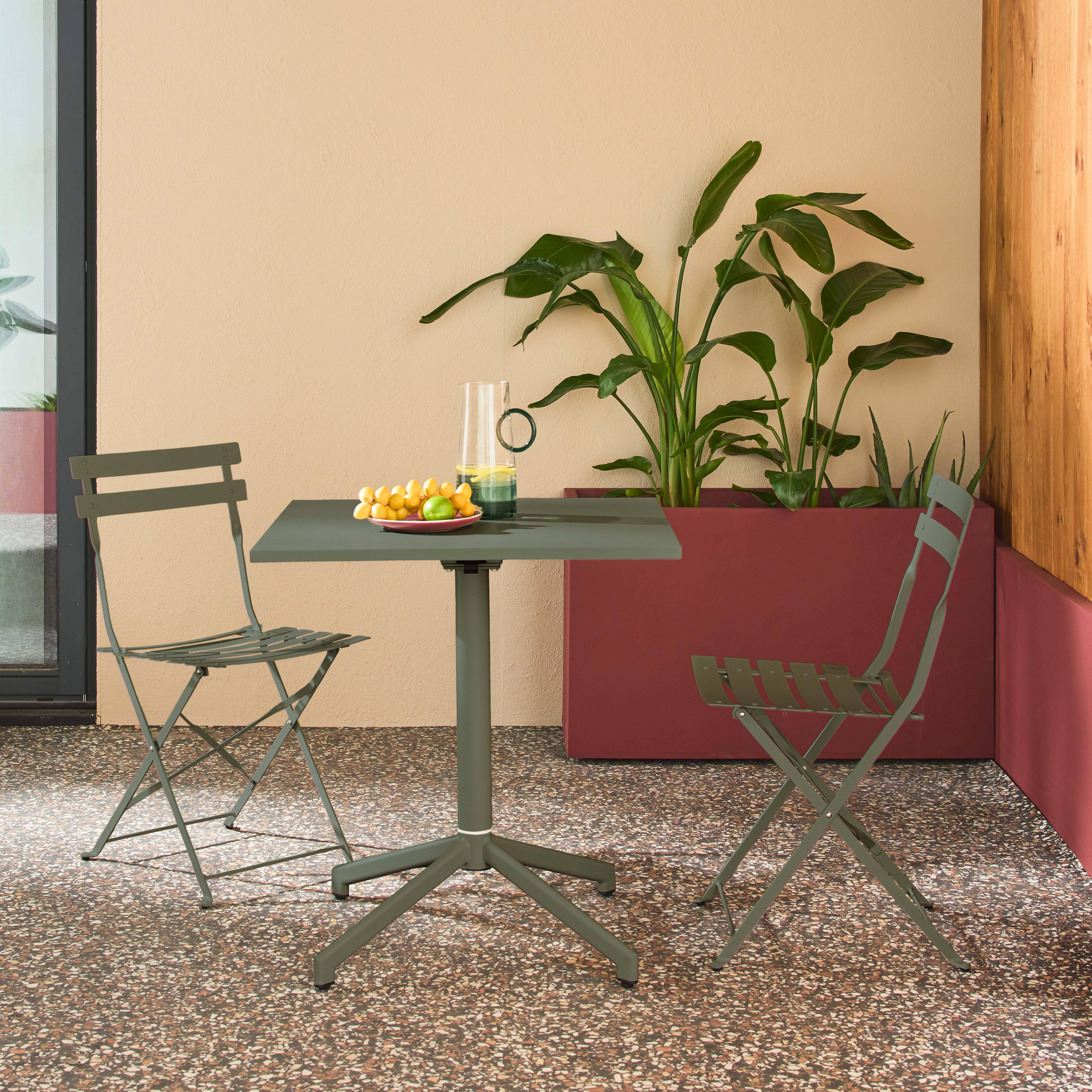Square folding metal garden table + 2 seats Khaki Green 70x70x74 cm - Chiara Photo1