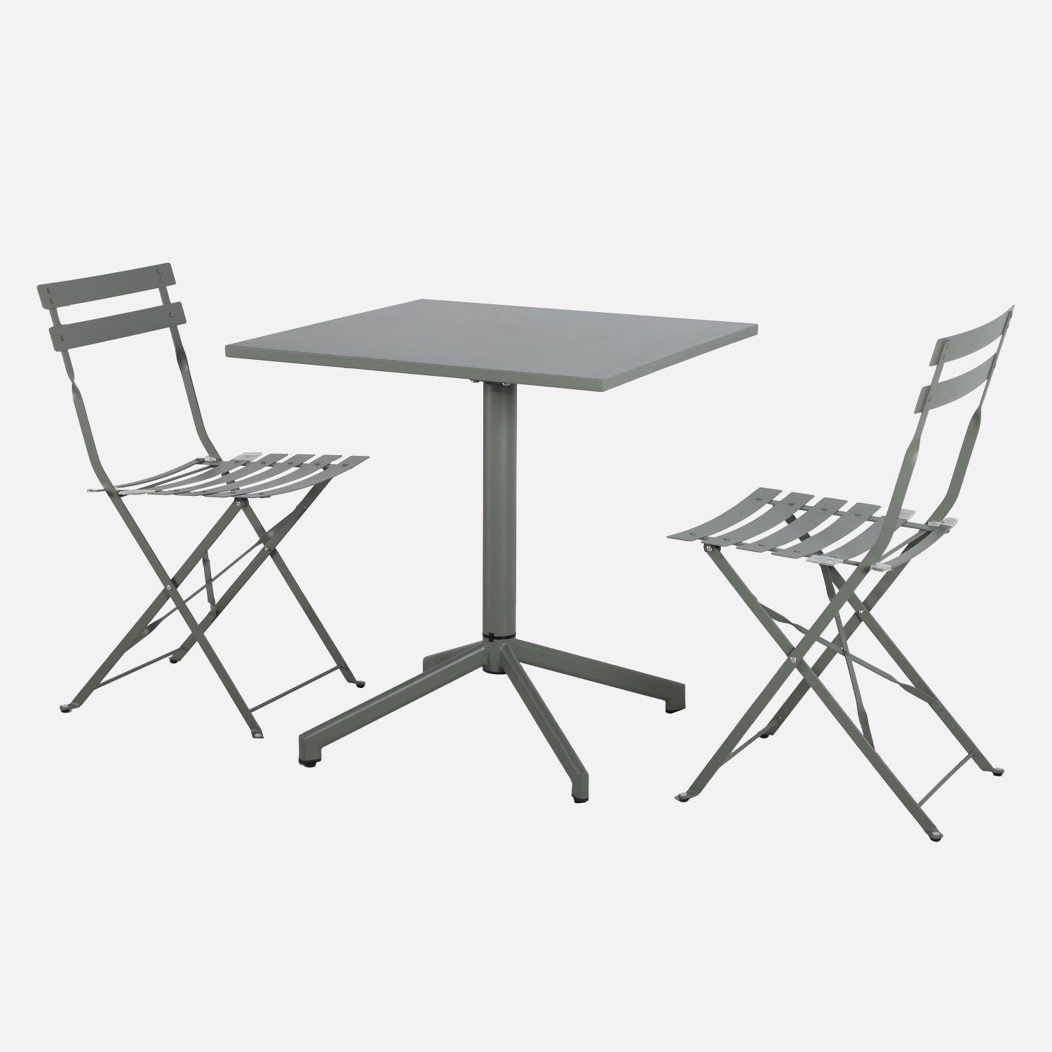 Klappbarer quadratischer Bistro-Gartentisch aus Stahl 70 cm + 2 Stühle khaki - Chiara/Emilia Photo1
