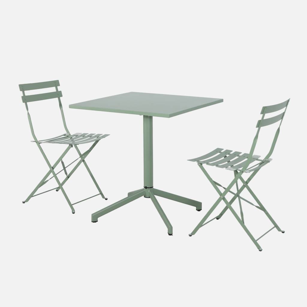 Klappbarer quadratischer Bistro-Gartentisch aus Stahl 70 cm + 2 Stühle graugrün
