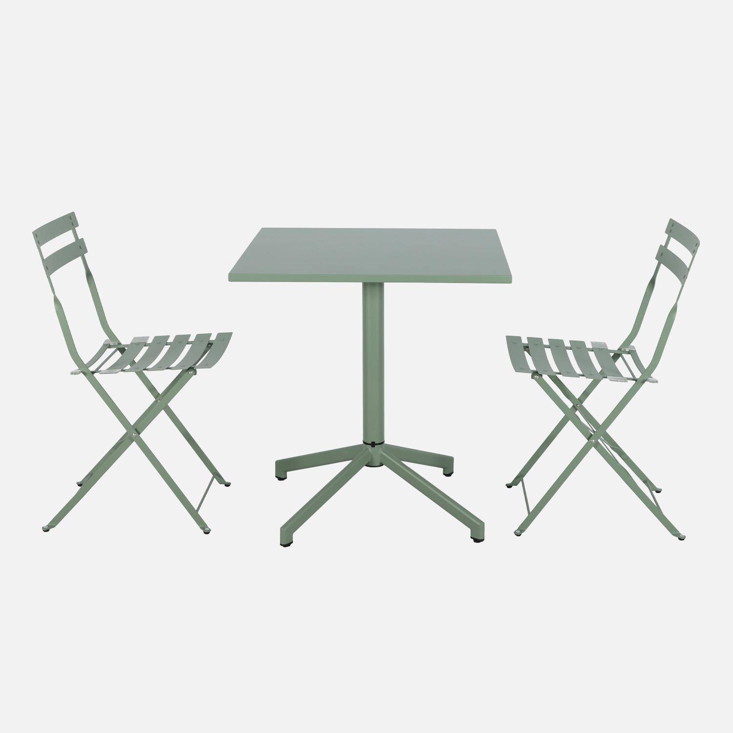 Klappbarer quadratischer Bistro-Gartentisch aus Stahl 70 cm + 2 Stühle graugrün - Chiara/Emilia Photo2