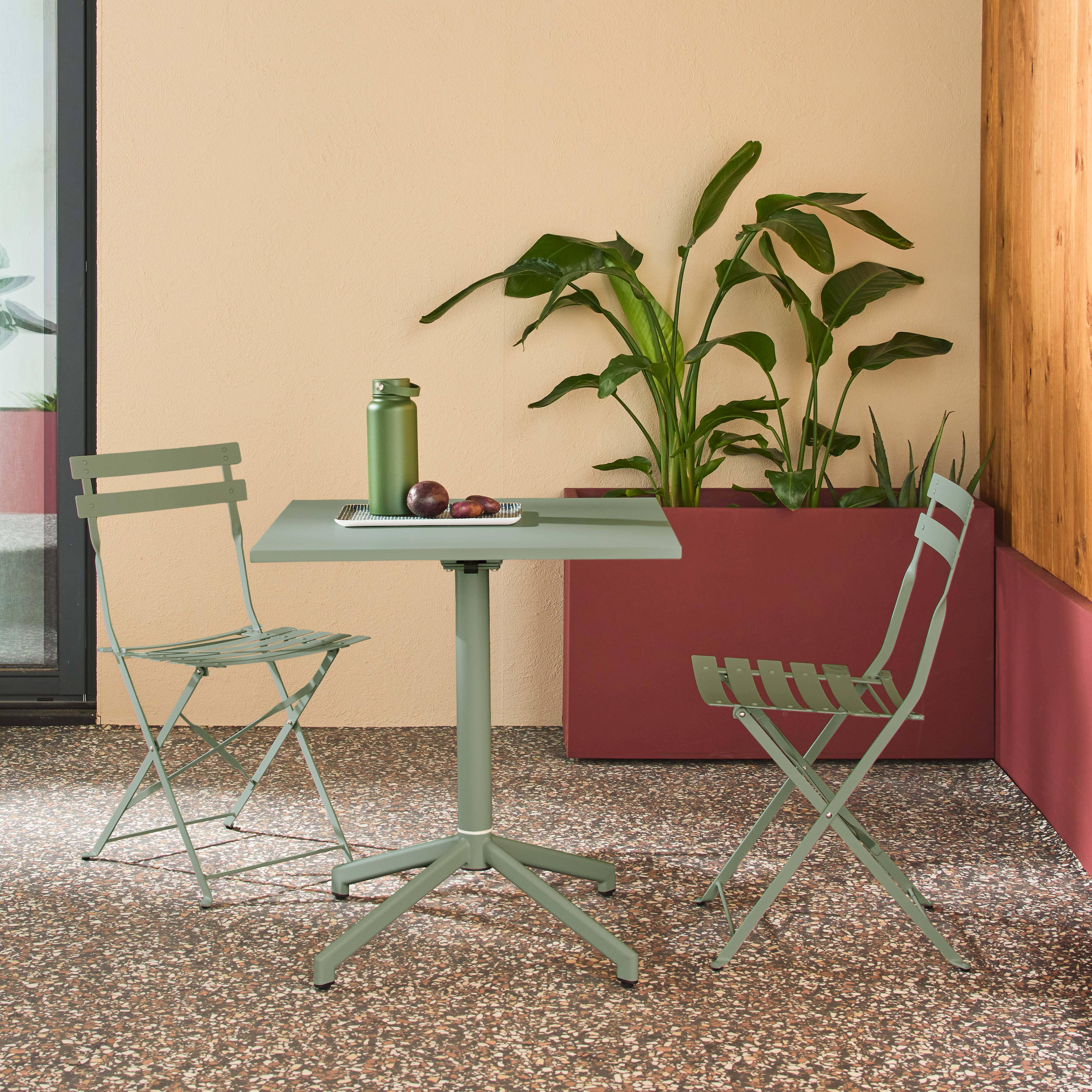 Square folding metal garden table + 2 seats Sage Green 70x70x74 cm - Chiara Photo1