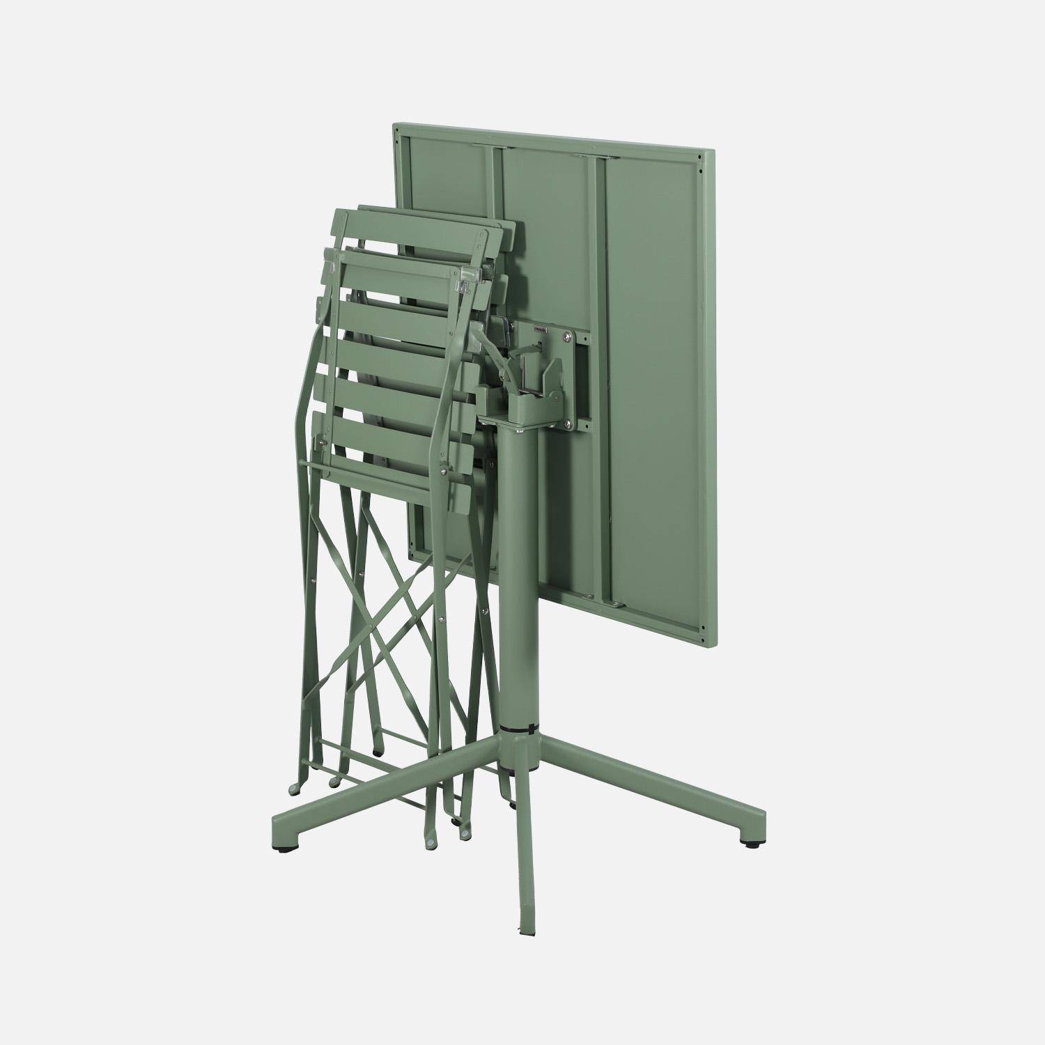 Klappbarer quadratischer Bistro-Gartentisch aus Stahl 70 cm + 2 Stühle graugrün - Chiara/Emilia Photo4