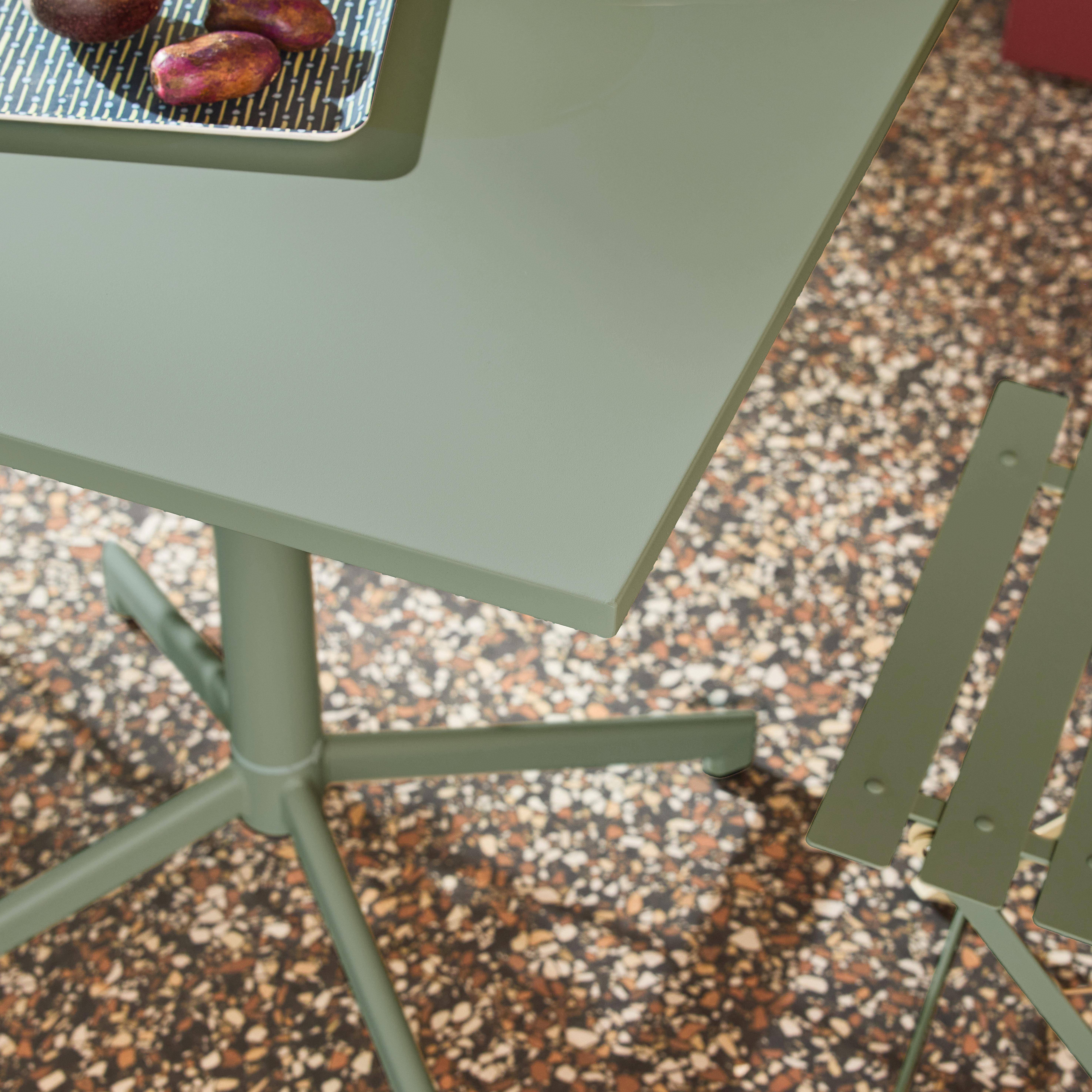 Square folding metal garden table + 2 seats Sage Green 70x70x74 cm - Chiara Photo3