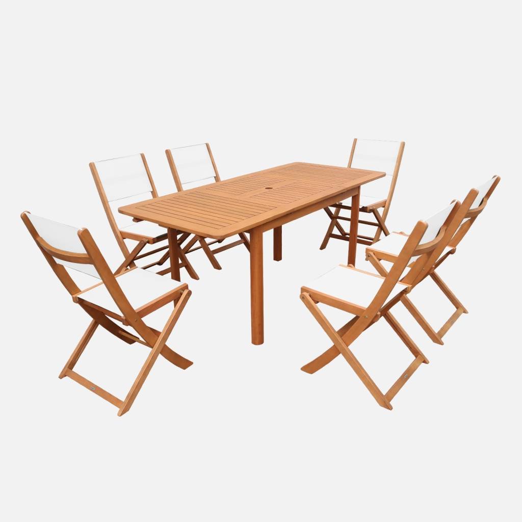 Table de jardin extensible eucalyptus + 6 assises blanc