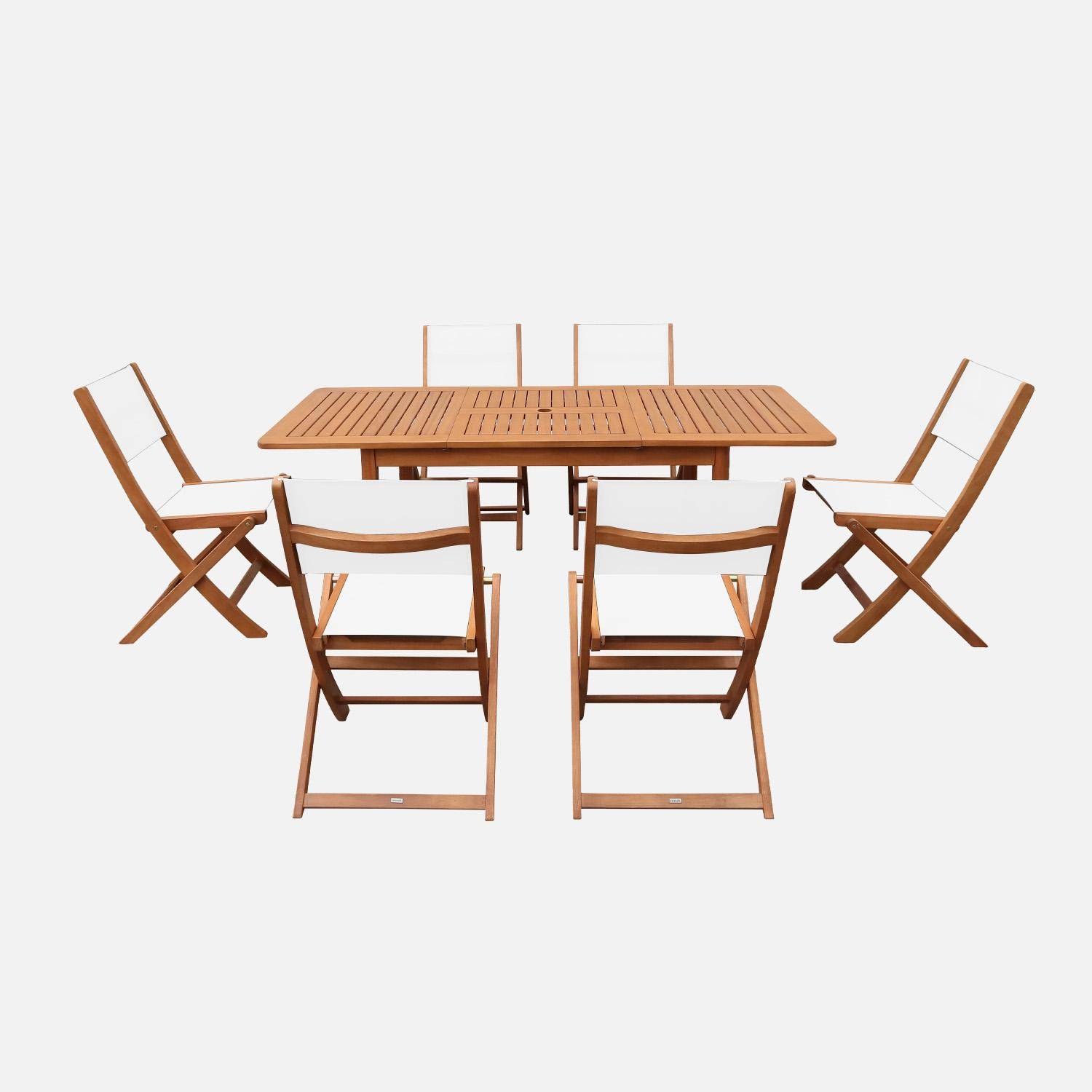Table de jardin extensible bois d'eucalyptus + 6 assises 120/180cm blanc - Arbo + Almeria Photo3