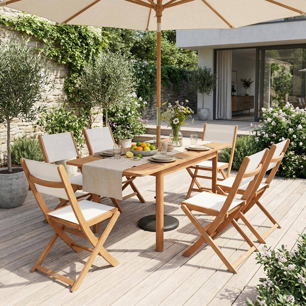 Table de jardin extensible bois d'eucalyptus + 6 assises 120/180cm blanc - Arbo + Almeria Photo1