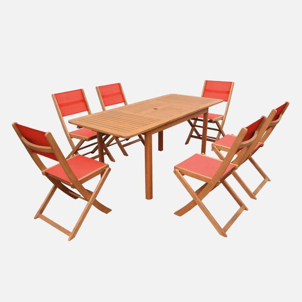Table de jardin extensible eucalyptus + 6 assises terracotta