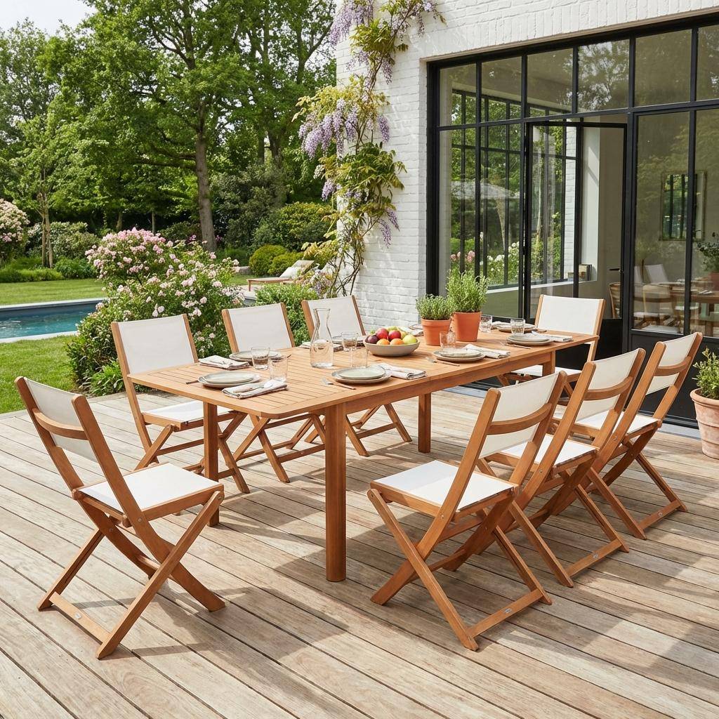 Rozkładany stół ogrodowy z drewna eukaliptusowego + 8 białych siedzisk 180/240cm - Arbo + Almeria Photo1