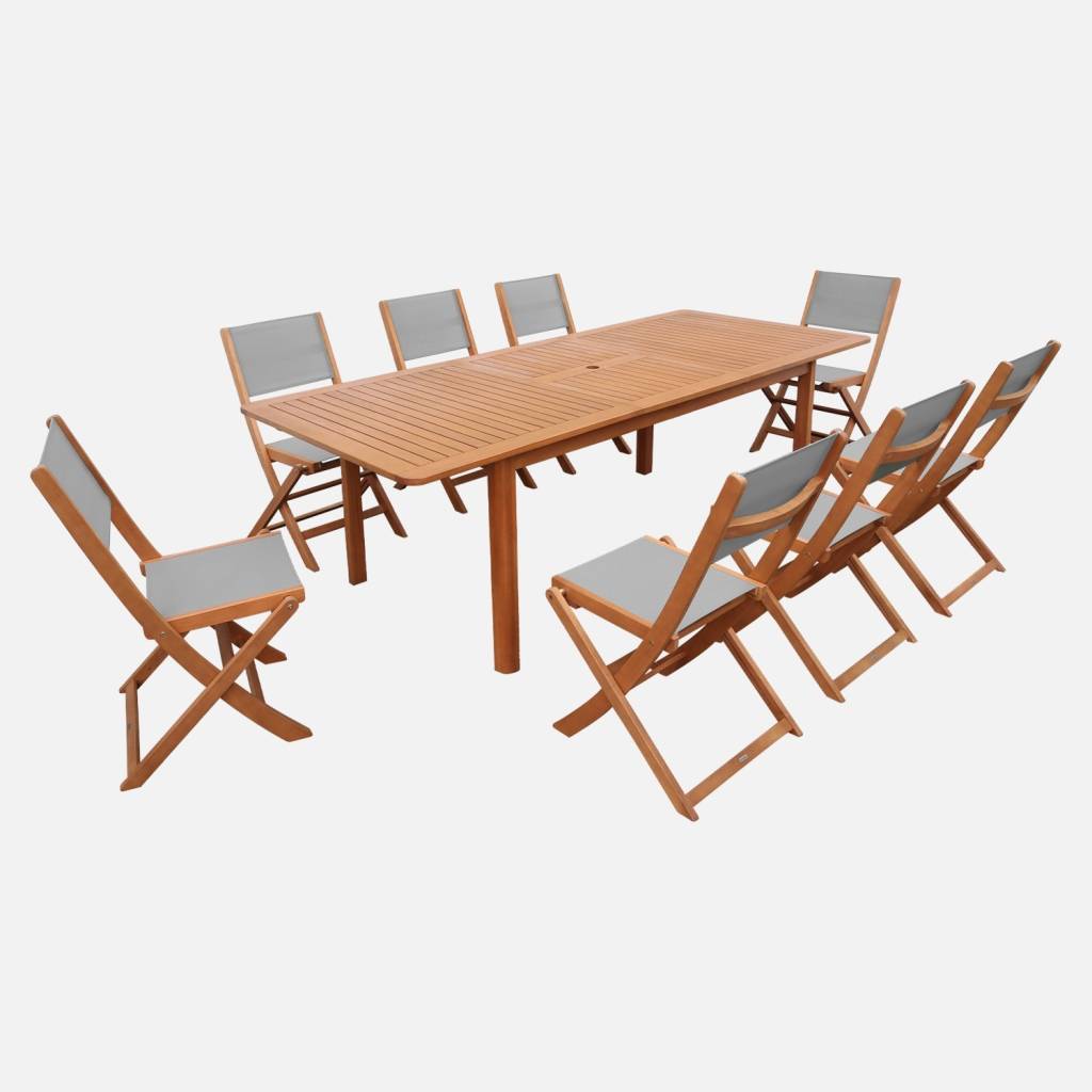 Table de jardin extensible eucalyptus + 8 assises gris