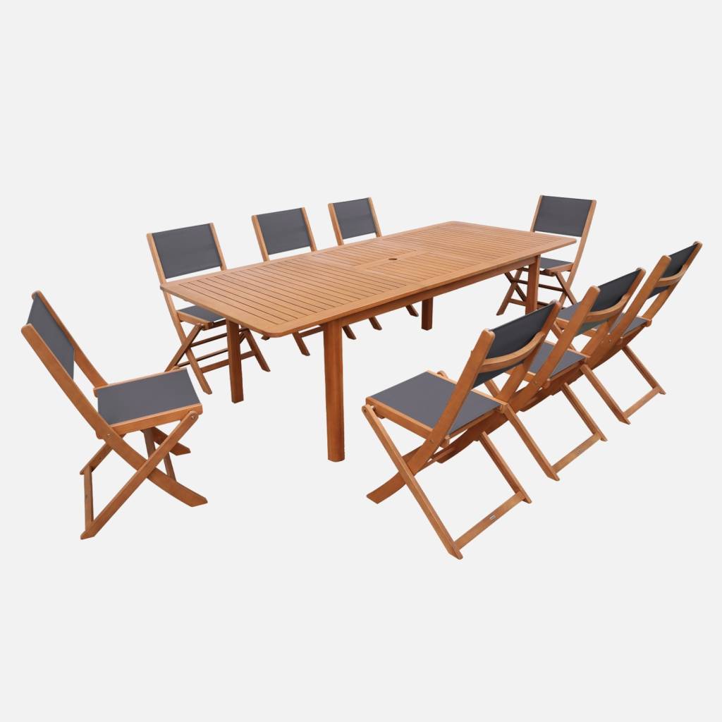 Table de jardin extensible eucalyptus + 8 assises anthracite